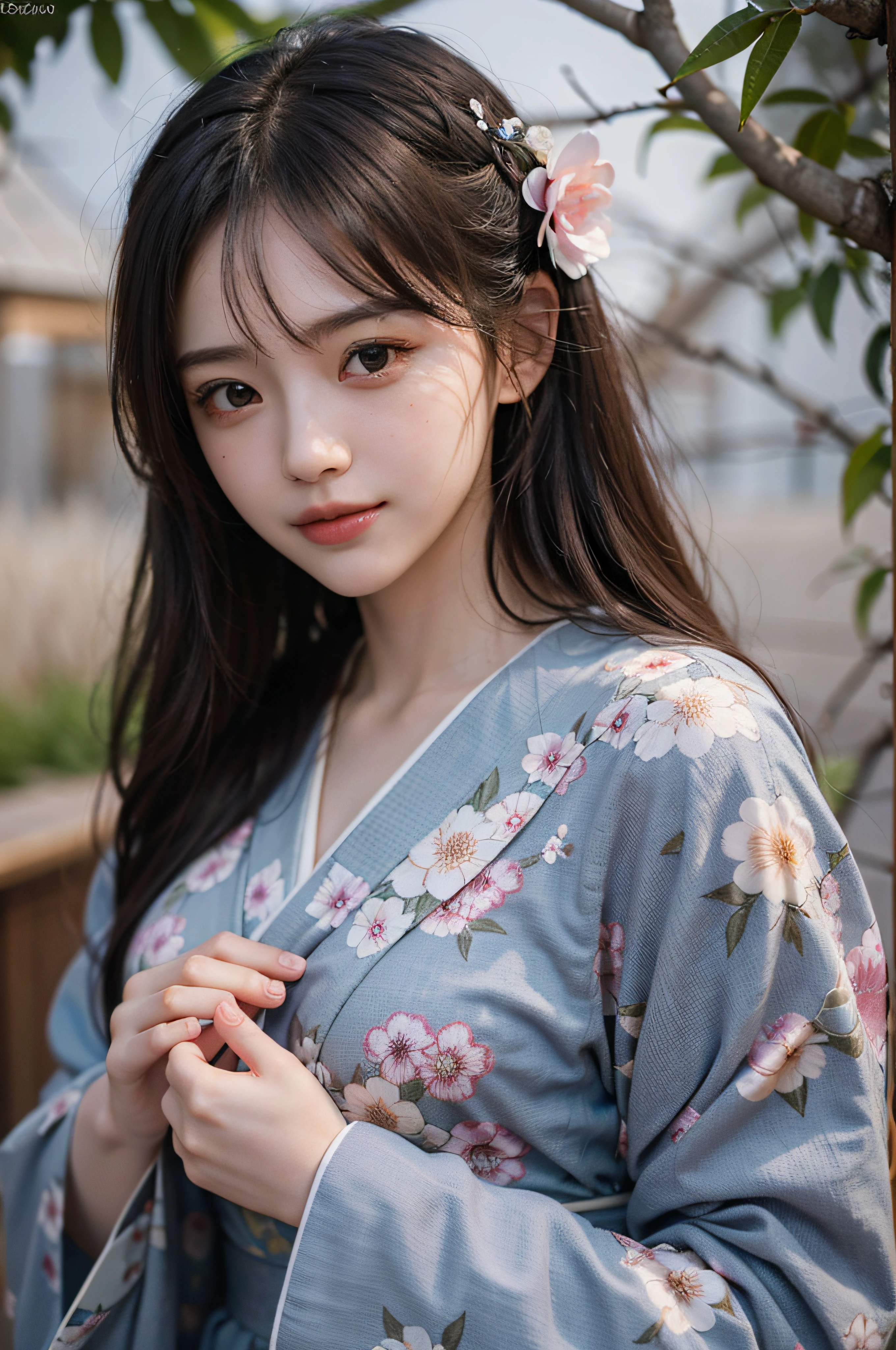 (Photorealsitic:1.4), (Top image quality:1.0), (超A high resolution:1.0), 8K, Raw photography, (masterpiece:0.2), (pureerosface_v1:0.5)、(Best Quality Detail:1.2)、realisitic、8K UHD、hight resolution、(1girl in:1.2)、The ultra-detailliert、High quality textures、intricate detailes、detaileds、Very detailed CG、High quality shadows、Detail Beautiful delicate face、Detail Beautiful delicate eyes、depth of fields、Ray traching,1girl in, japanaese girl, Cute, slender, Black kimono, Kimono with Japanese pattern,Floral scrunchie, Beautiful skin, Facing the front,Sit down, Sit upright and say thank you,Align your hands elegantly,Smile faintly The Land of Japan,Japanese garden,Luxury Japanese-style room, skyporn, Magic Hour, (Realistic:1.3), Finely detailed, quality, (masutepiece:1.2), (Photorealistic:1.2), (Best Quality), (Intricate details), Dramatic, Ray tracing, photograph, +Lola