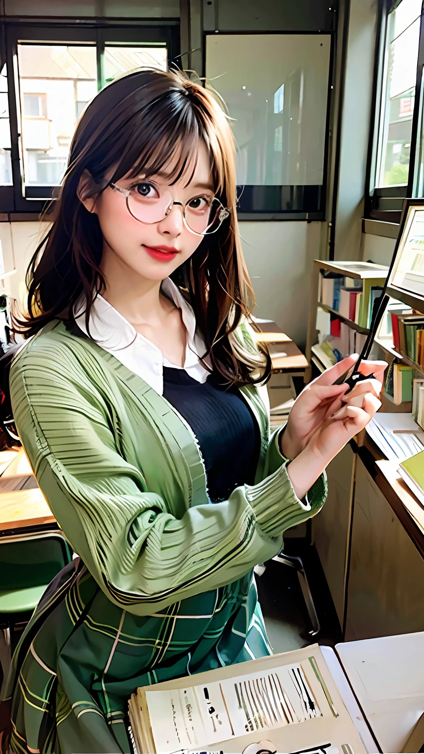 (character details + Style) Female Teacher, (Details) A half body, holding glasses frames, (Lens effects + Lighting + Scene) light and shadow interlaced, by the window, the sun is warm, flowers are green, bookshelves are dazzling, students' desks are scattered with teaching stationery and textbooks, and the classroom air is fresh.A library full of books