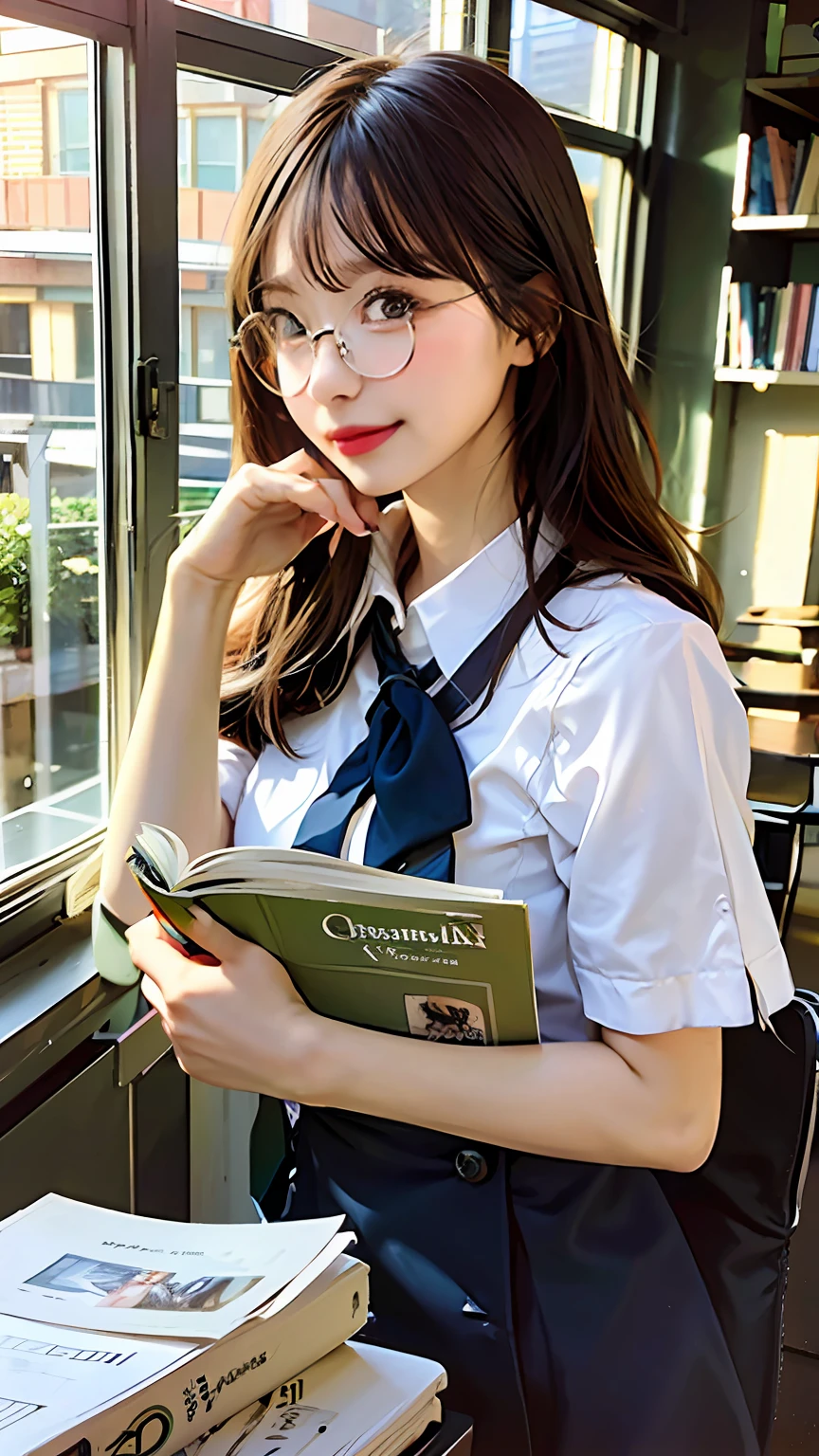 (character details + Style) Female Teacher, (Details) A half body, holding glasses frames, (Lens effects + Lighting + Scene) light and shadow interlaced, by the window, the sun is warm, flowers are green, bookshelves are dazzling, students' desks are scattered with teaching stationery and textbooks, and the classroom air is fresh.A library full of books