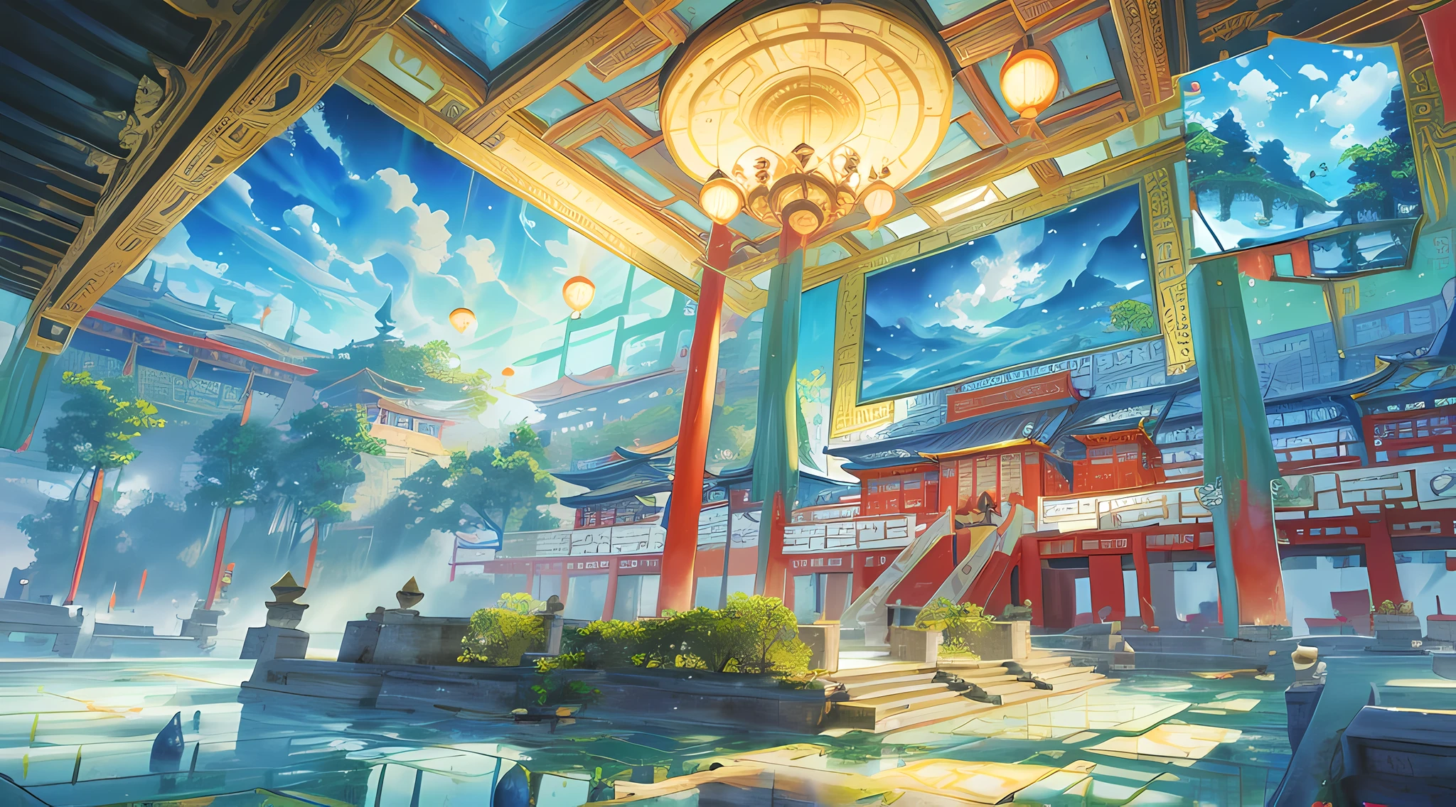 The game scene, the ancient Chinese palace is located above the clouds, surrounded by clouds and mist, majestic, glazed tiles, colorful rays of light, ((color ink)),((splash ink)),((splash ink) ink}) ), masterpiece, high quality, Refined graphics, high detail