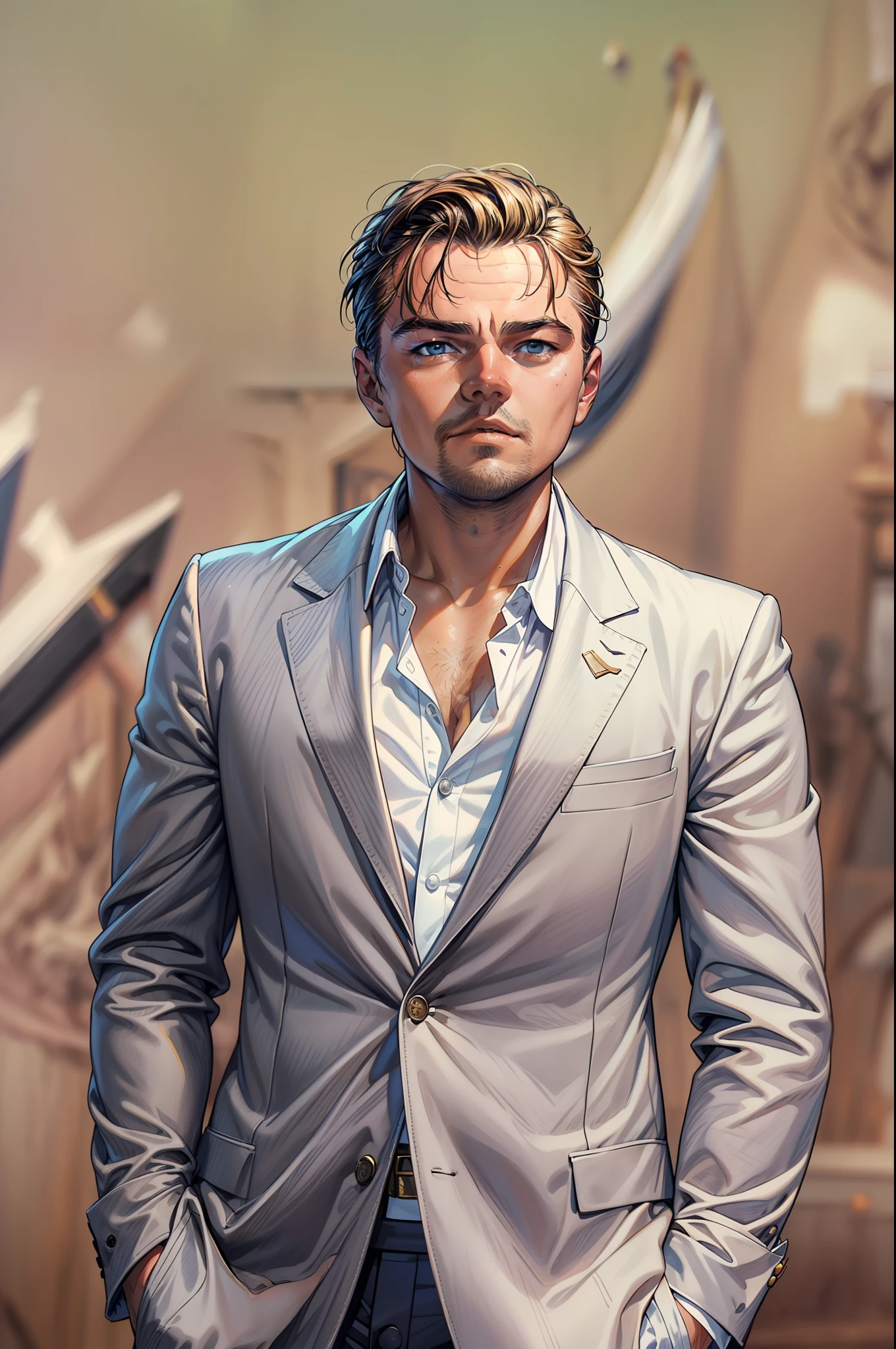 (RAW Photo, Best Quality), (Realistic, Photorealistic Photo: 1.3), Best Quality, Highly Detailed, Masterpiece, Ultra Detailed, Illustration, Leonardo DiCaprio, at California, standing, gentlemen, upper body, trending formal suit, Dynamic Angle, Real as original, Best Quality, Extremely Detailed CG Unified 8k Wallpaper, Ink, Amazing