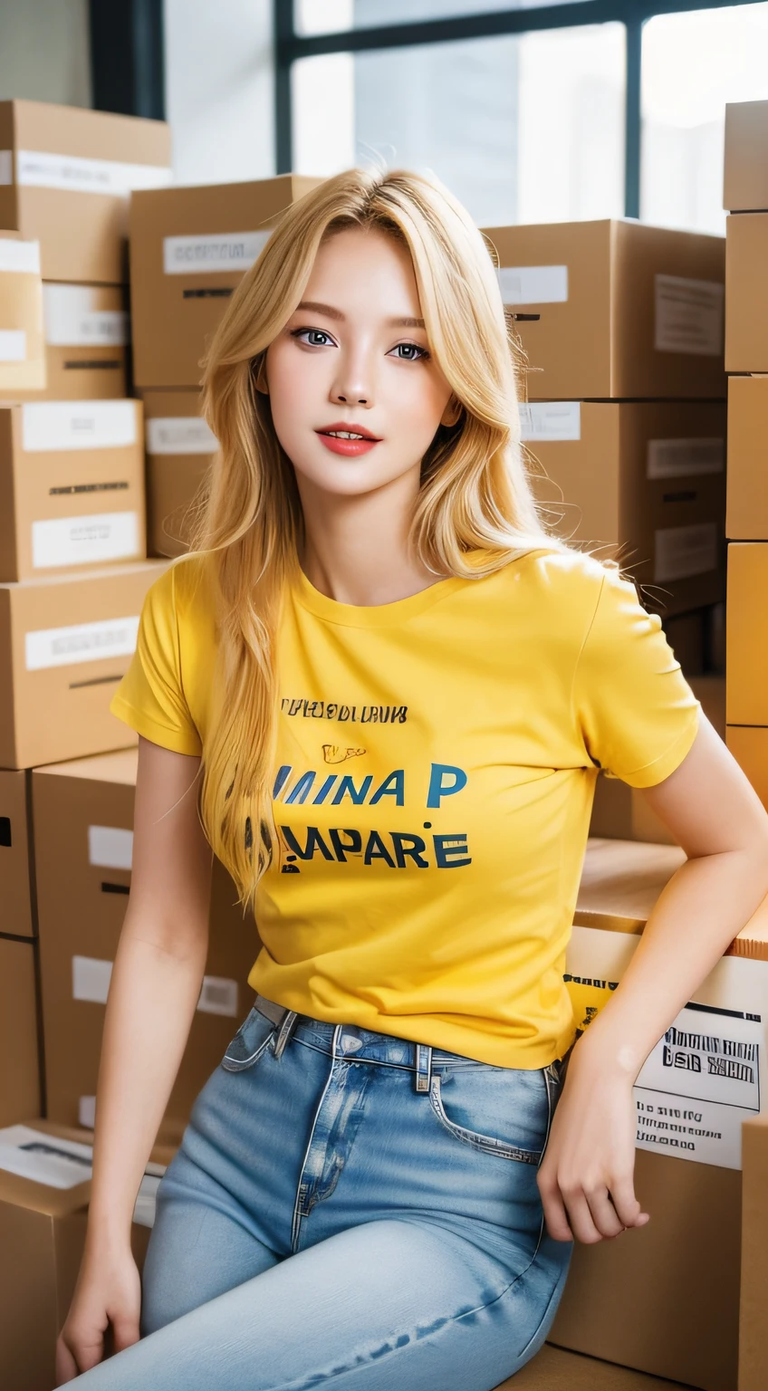 Best quality, 8K, masterpiece 1:2. A beautiful girl with yellow Tshirt "BeeVN", jeans (Alluring figure), blonde hair, ocean blue eyes, high nose, luscious red lips, and a captivating smile. holding documents. many boxes and documents. Post office. ultra-detailed face, detailed lips, detailed eyes