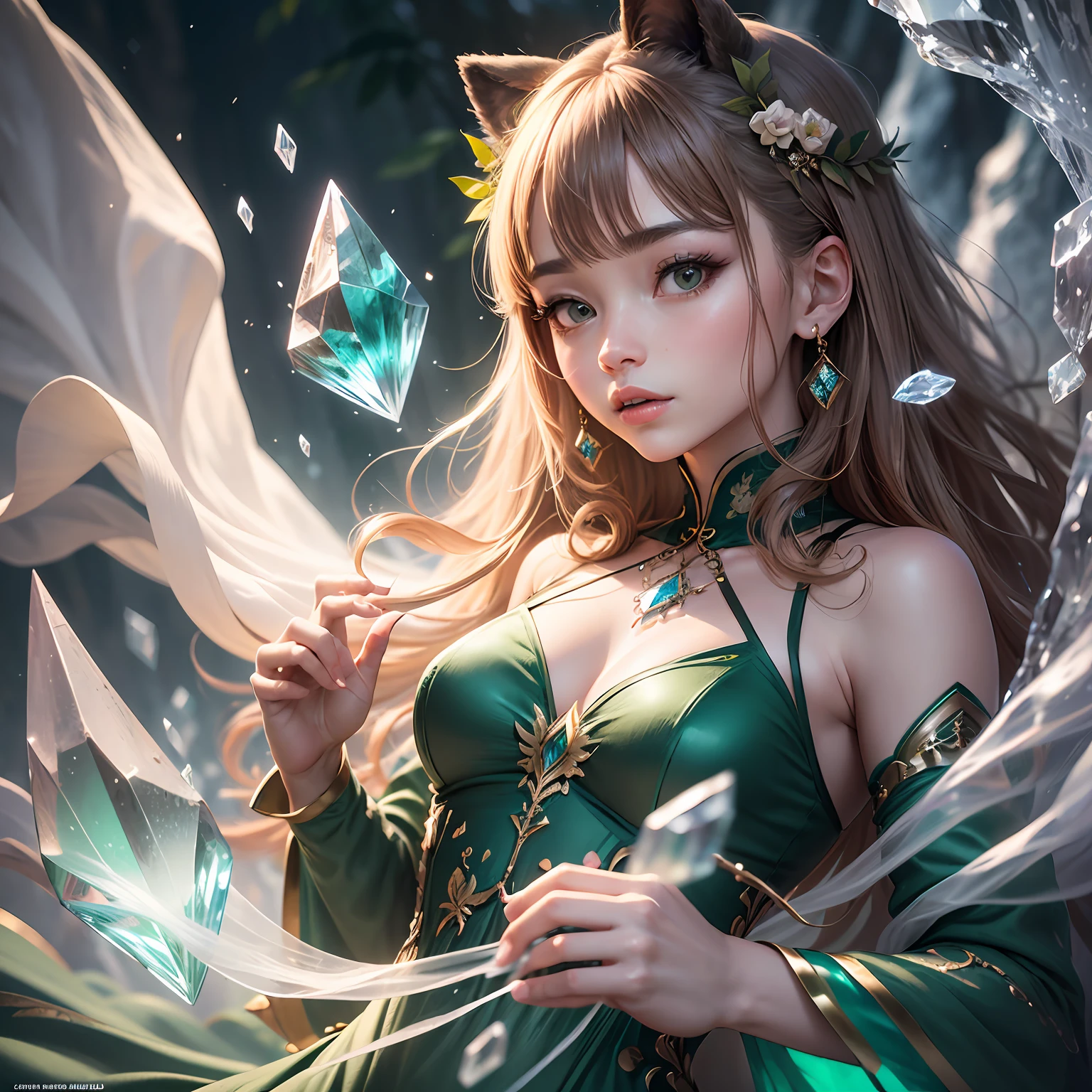 (Masterpiece, Top Quality, Best, Official Art, Beautiful and Aesthetic, Long Exposure: 1.2), Smooth Movement, Charming Patterns, 1 Girl, (Long Dress with Sleeves: 1.3), (((crystal Clothes) )), upper body close-up, bare shoulders, Chinese girl, blush, black lob hair, portrait, solo, upper body, looking at the observer, detailed background, detailed face, (crystalline, crystalline theme), rotation foliage, control foliage, emerald crystal clothing, dynamic pose, floating particles, ethereal dynamics, foliage, vapor, icy environment, forest in the background, green tint, forest, ethereal atmosphere, ((camel toe)), legs
