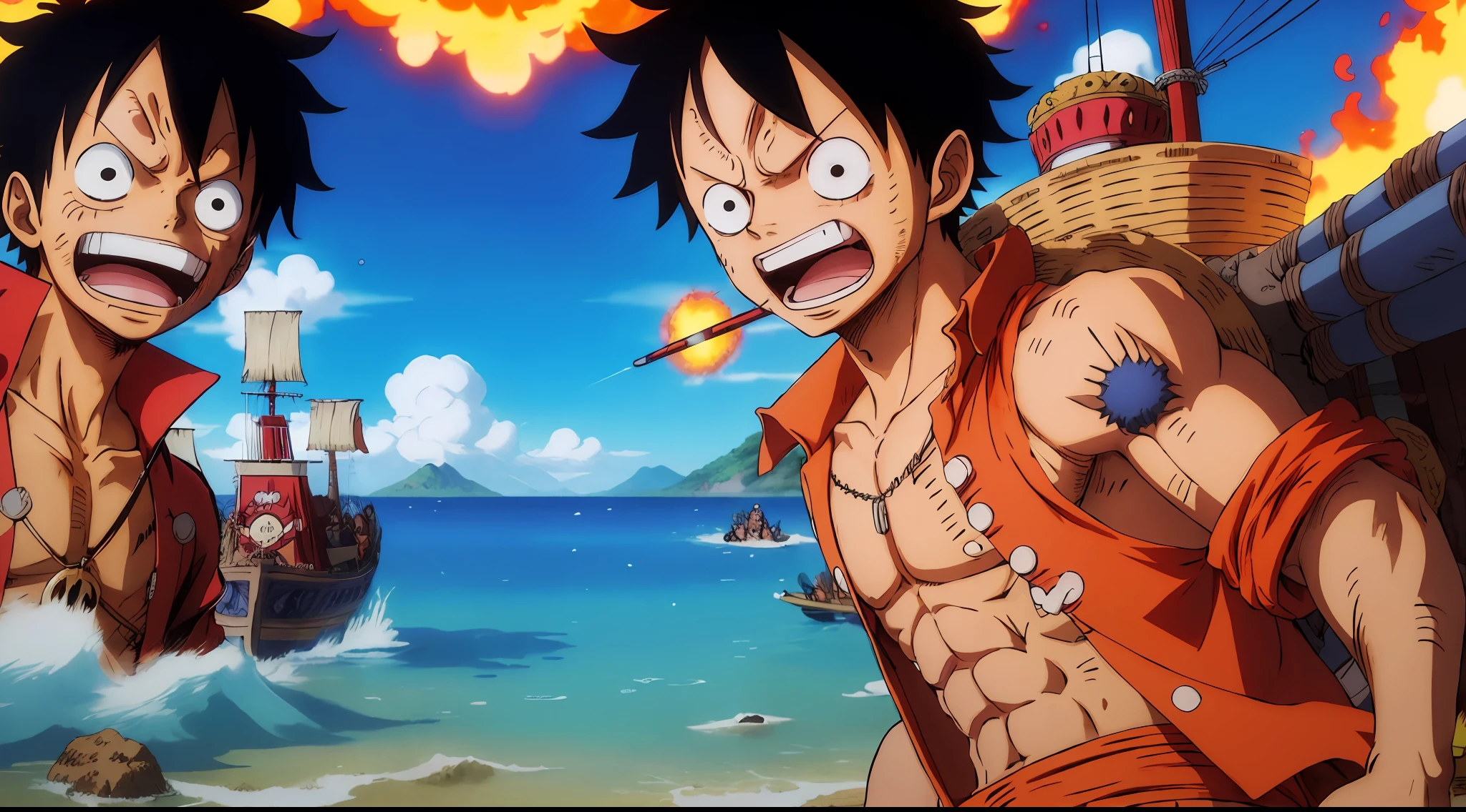 a group of anime characters standing in front of a huge explosion, one piece artstyle, one piece, one piece ship sailing, one piece style, inspired by Eiichiro Oda, luffy (one piece, luffy, from one piece, anime key art, monkey d luffy, hq artwork, eiichiro oda style, official anime artwork, monkey d. luffy