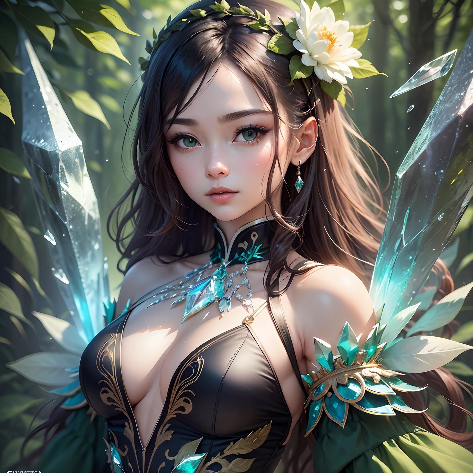 (Masterpiece, Top Quality, Best, Official Art, Beautiful and Aesthetic, Long Exposure: 1.2), Smooth Movement, Charming Patterns, 1 Girl, (Long Dress with Sleeves: 1.3), (((crystal Clothes) )), upper body close-up, bare shoulders, Chinese girl, blush, black lob hair, portrait, solo, upper body, looking at the observer, detailed background, detailed face, (crystalline, crystalline theme), rotation foliage, control foliage, emerald crystal clothing, dynamic pose, floating particles, ethereal dynamics, foliage, vapor, icy environment, forest in the background, green tint, forest, ethereal atmosphere, ((camel toe)), legs