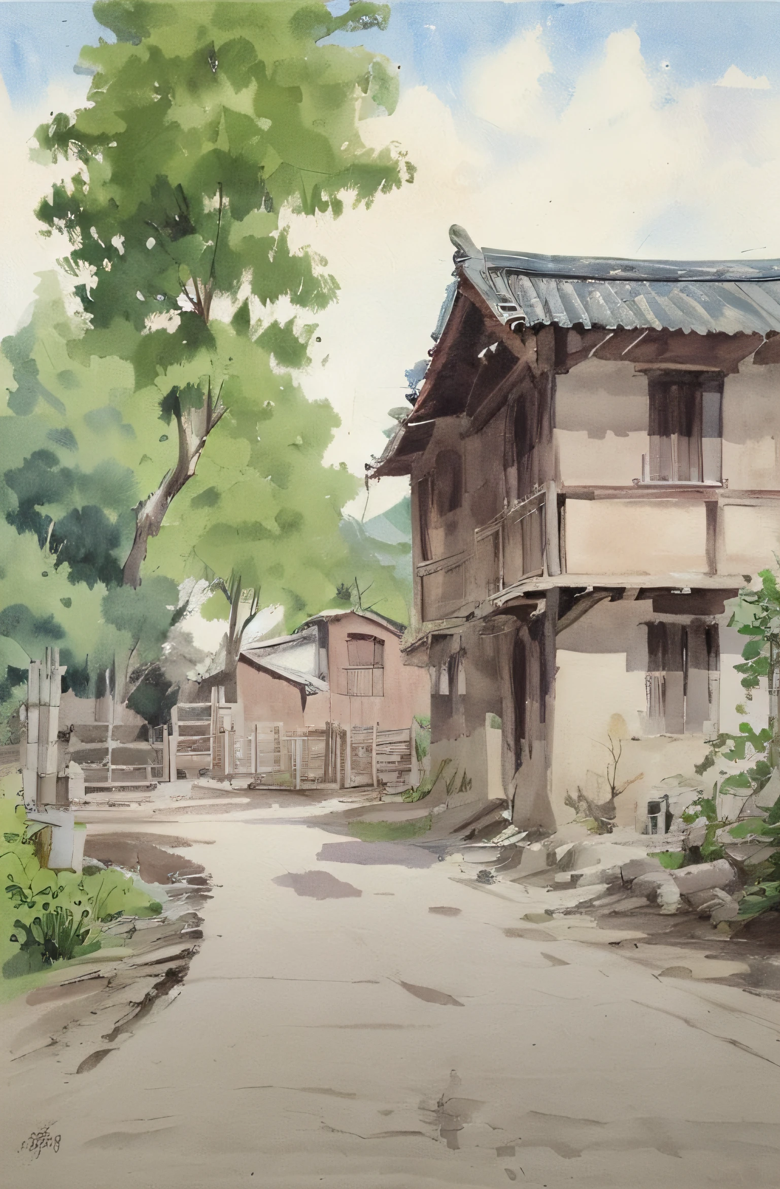 Watercolor painting, small path of Chinese rural houses, trees, bright sun, shade,