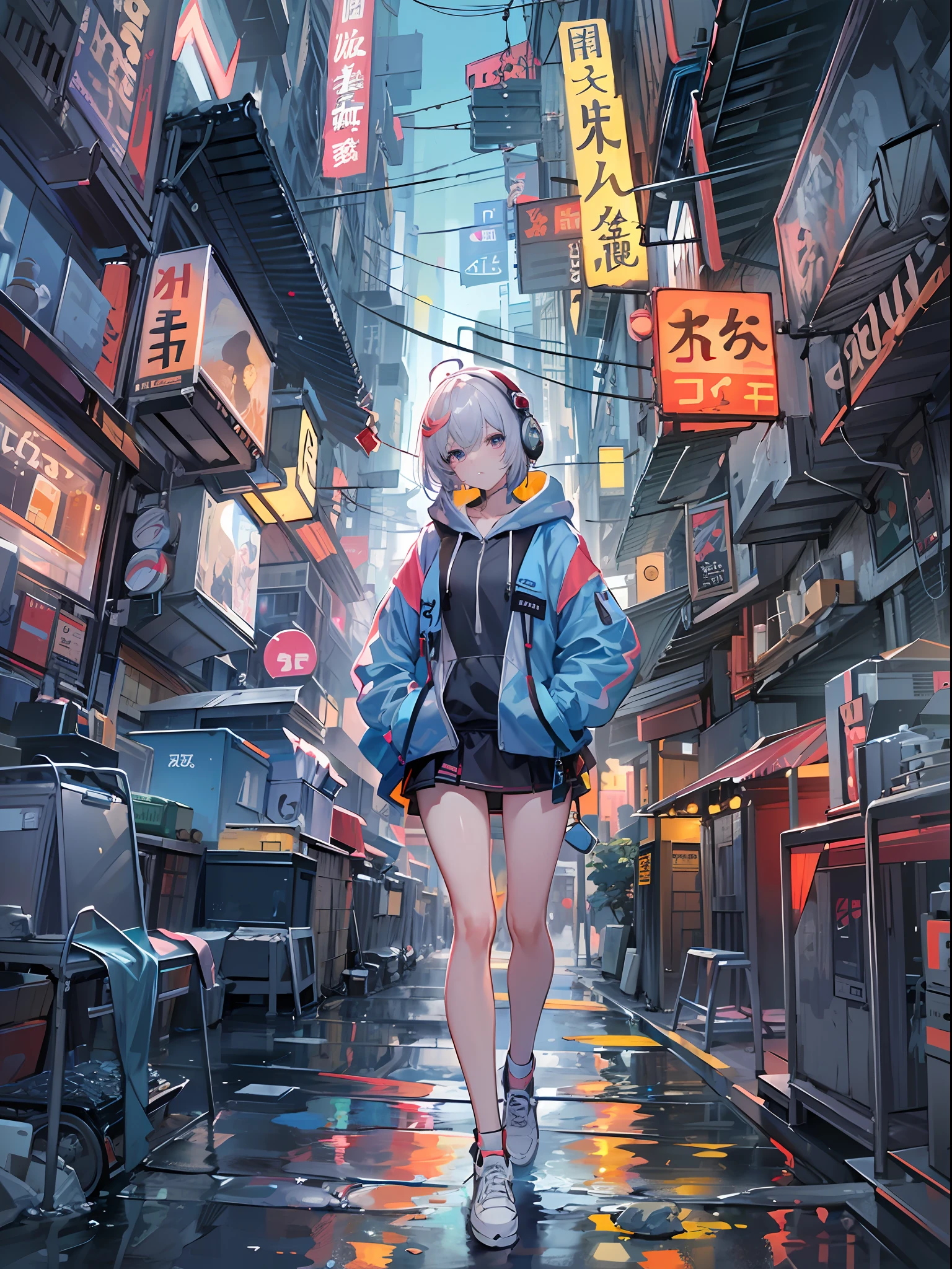 8K分辨率、((top-quality))、((​masterpiece))、((ultra-detailliert))、1 woman、独奏、incredibly absurdness、Oversized hoodies、headphones、Street、plein air、Sateen、neons、Shortcut Hair、Brightly colored eyes、Hands in pockets、a miniskirt、water dripping