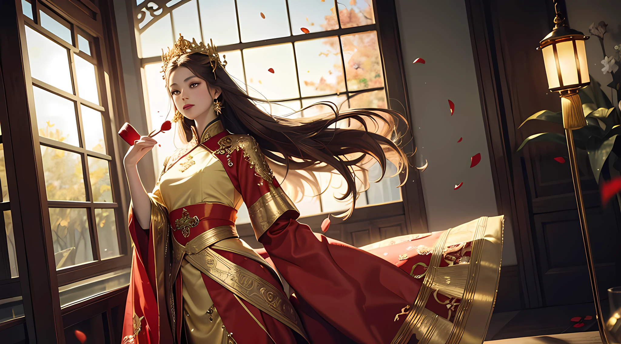 best quality, masterpiece, highres, (exquisite body:1.5),gorgeous face,(milky skin:1.3),intricate details,high resolution,wallpaper,
1girl, solo, dress, hair ornament, (((gold and red dress))), flowers, long hair, brown hair, closed mouth, jewelry, long sleeves, hand up, wide sleeves, big eyes,floating hair, chinese clothes, hanfu, embroidery, long skirt, natural pose, falling petals, indoor,fanning, lantern,
16K,HDR,highres,depth field,(film grain:1.1),boken,golden hour,(lens flare),vignette,rainbowing,(color grading:1.5)