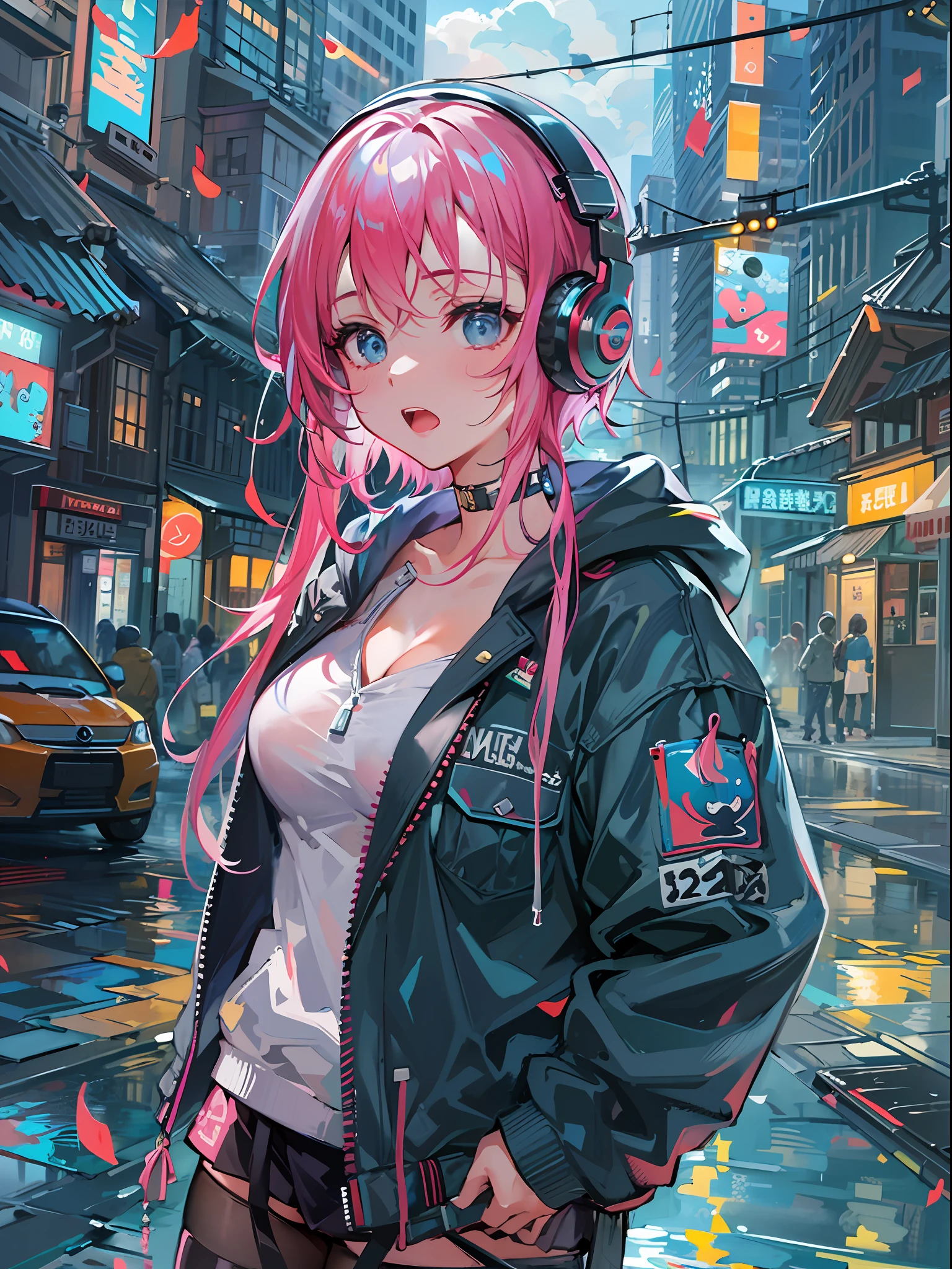 8K分辨率、((top-quality))、((masterpiece))、((ultra-detailliert))、1 woman、独奏、incredibly absurdness、Oversized hoodies、headphones、Street、plein air、Sateen、neons、Shortcut Hair、Brightly colored eyes、Hands in pockets、a miniskirt、water dripping