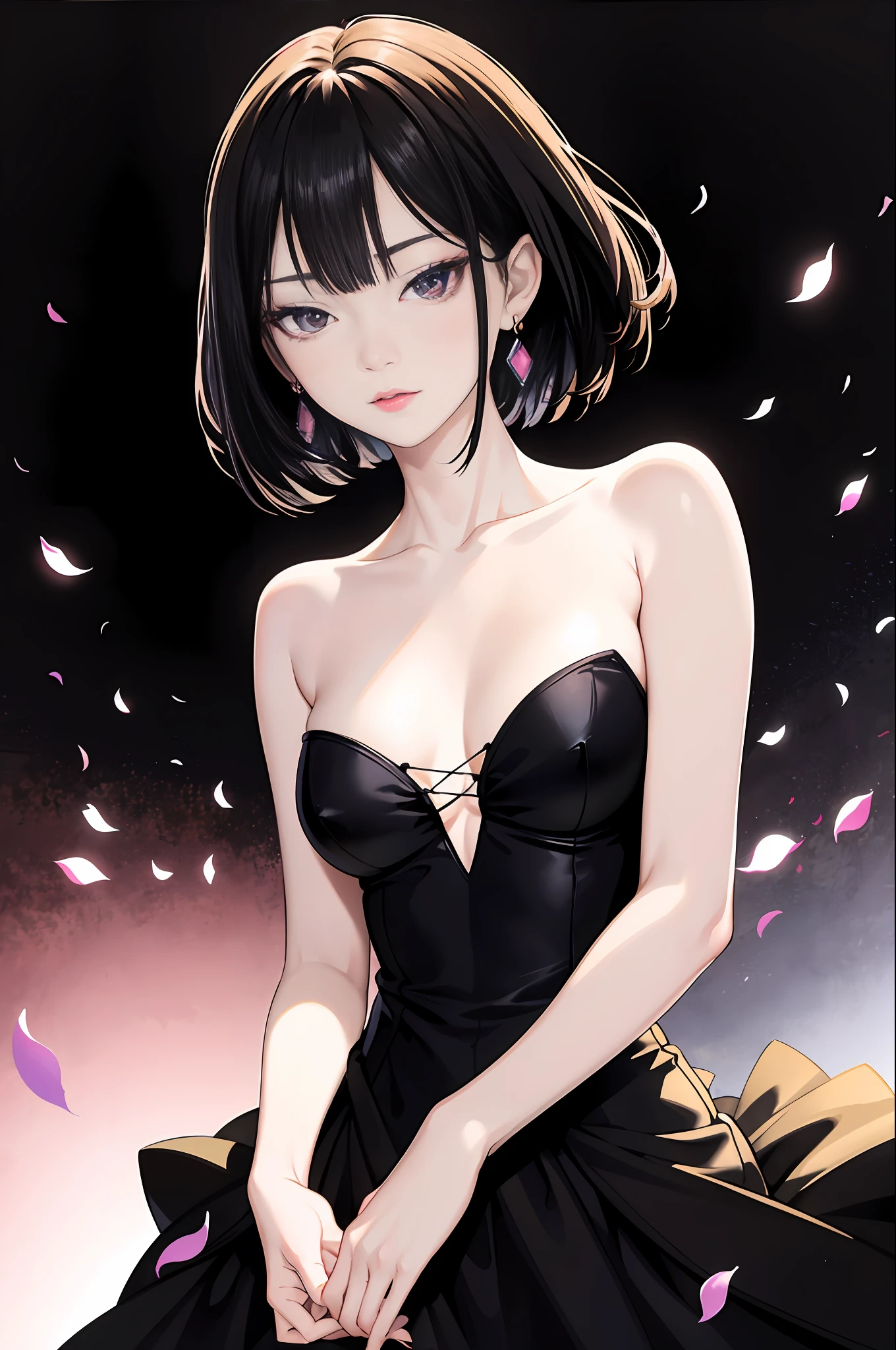 tsuruta ichiro, Narrow-eyed, 1girl in, Allback、short-hair、deadpan、shorth hair、brow、Reluctance、A dark-haired、Tucked Hair Solo, Cowgirl, Onepiece,  ((mideum breasts)),  Thin slit eyes、Black eyes, Light shines on the eyes、Black hair, gloves, Dress,  Luxurious Jewelry, earrings, sharp eye、 elbow groves,Raise your hands and tie your hair back, random color, random color dress,  Makeup for long eyes, Slender eyes、lip stick, Complex petal pattern, Rim Light, Back Light, pastel color,Studio Lighting