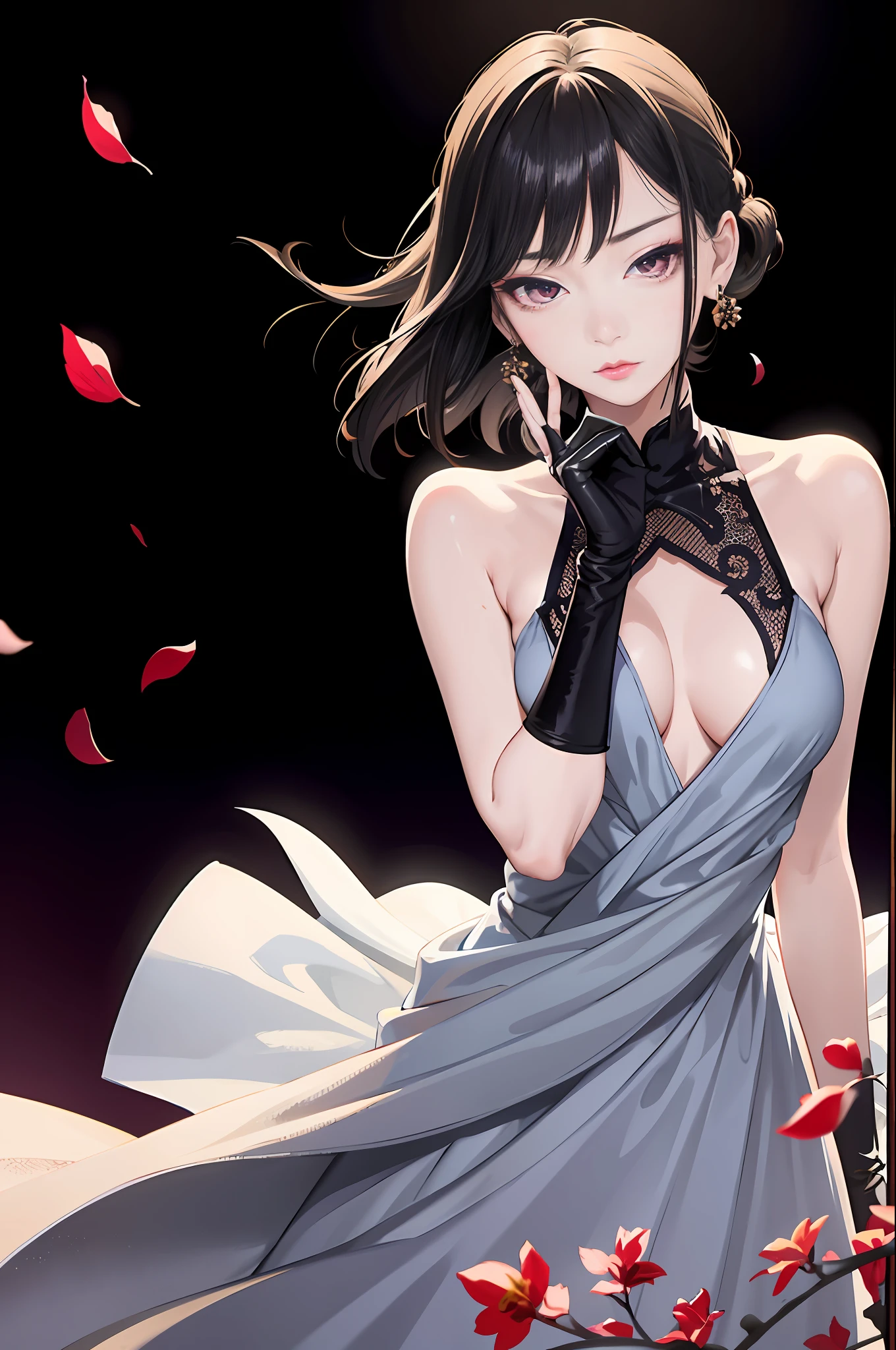 tsuruta ichiro, Narrow-eyed, 1girl in, Allback、short-hair、deadpan、shorth hair、brow、Reluctance、A dark-haired、Tucked Hair Solo, Cowgirl, Onepiece, ((mideum breasts)), Thin slit eyes、Black eyes, Light shines on the eyes、Black hair, gloves, Dress, Luxurious Jewelry, earrings, sharp eye、 elbow groves,Raise your hands and tie your hair back, random color, random color dress, Makeup for long eyes, Slender eyes、lip stick, Complex petal pattern, Rim Light, Back Light, pastel color,Studio Lighting