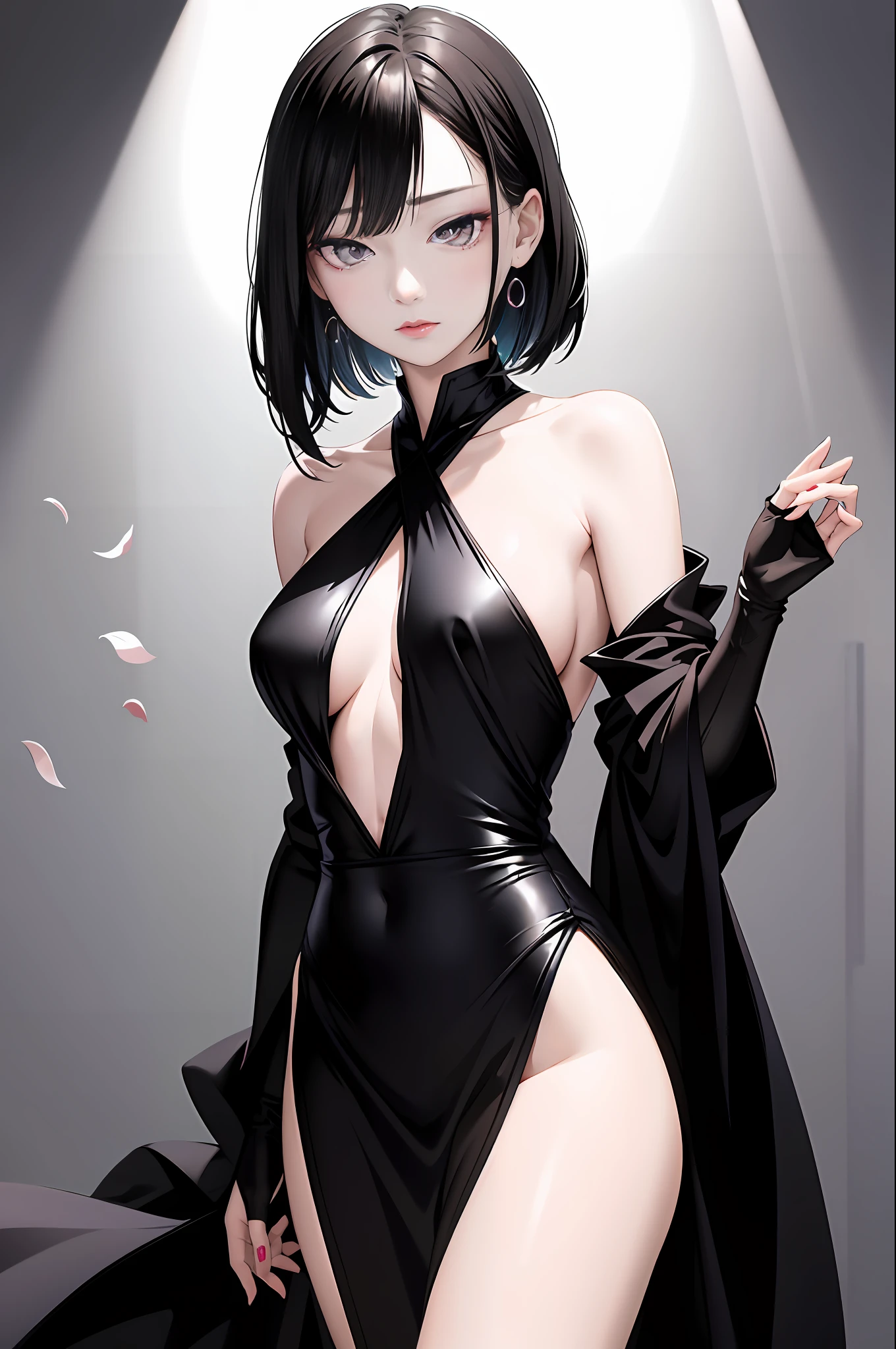 tsuruta ichiro, Narrow-eyed, 1girl in, Allback、short-hair、deadpan、shorth hair、brow、Reluctance、A dark-haired、Tucked Hair Solo, Cowgirl, Onepiece,  ((mideum breasts)),  Thin slit eyes、Black eyes, Light shines on the eyes、Black hair, gloves, Dress,  Luxurious Jewelry, earrings, sharp eye、 elbow groves,Raise your hands and tie your hair back, random color, random color dress,  Makeup for long eyes, Slender eyes、lip stick, Complex petal pattern, Rim Light, Back Light, pastel color,Studio Lighting