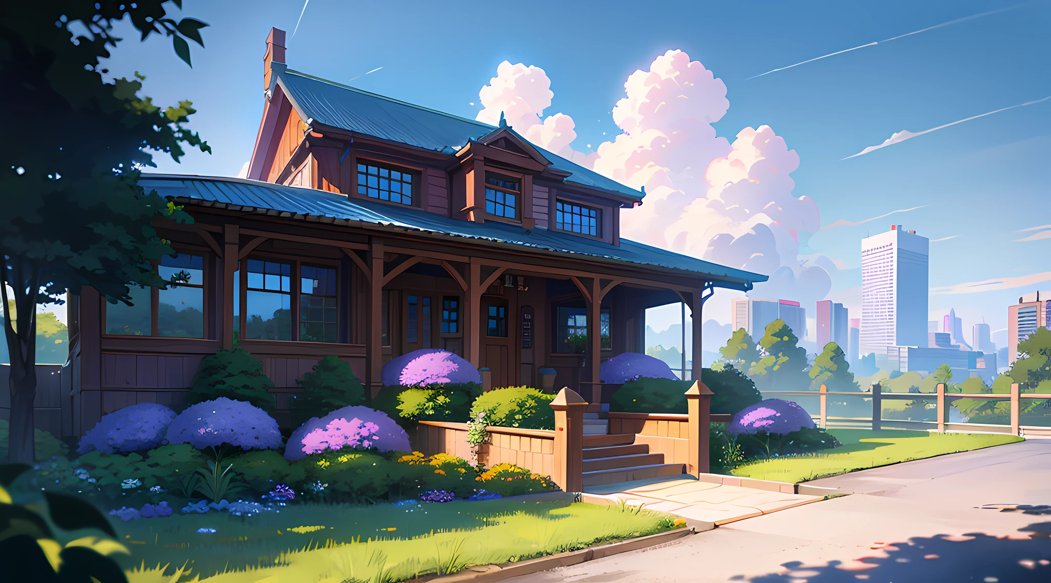 (ultra high res,photorealistic,best quality,photo-realistic),(8k,raw photo,best quality,masterplece),(photon mapping,radiosity,physically-based rendering,automatic white balance),real person,photograph,bridge, building, bush, city, cloud, day, door, fence, field,orest, garden, grass, house, hydrangea, mountain, nature, no_humans, outdoors, path, plant, potted_plant, purple_flower, road, scenery, sky, skyscraper, traditional_media, tree,