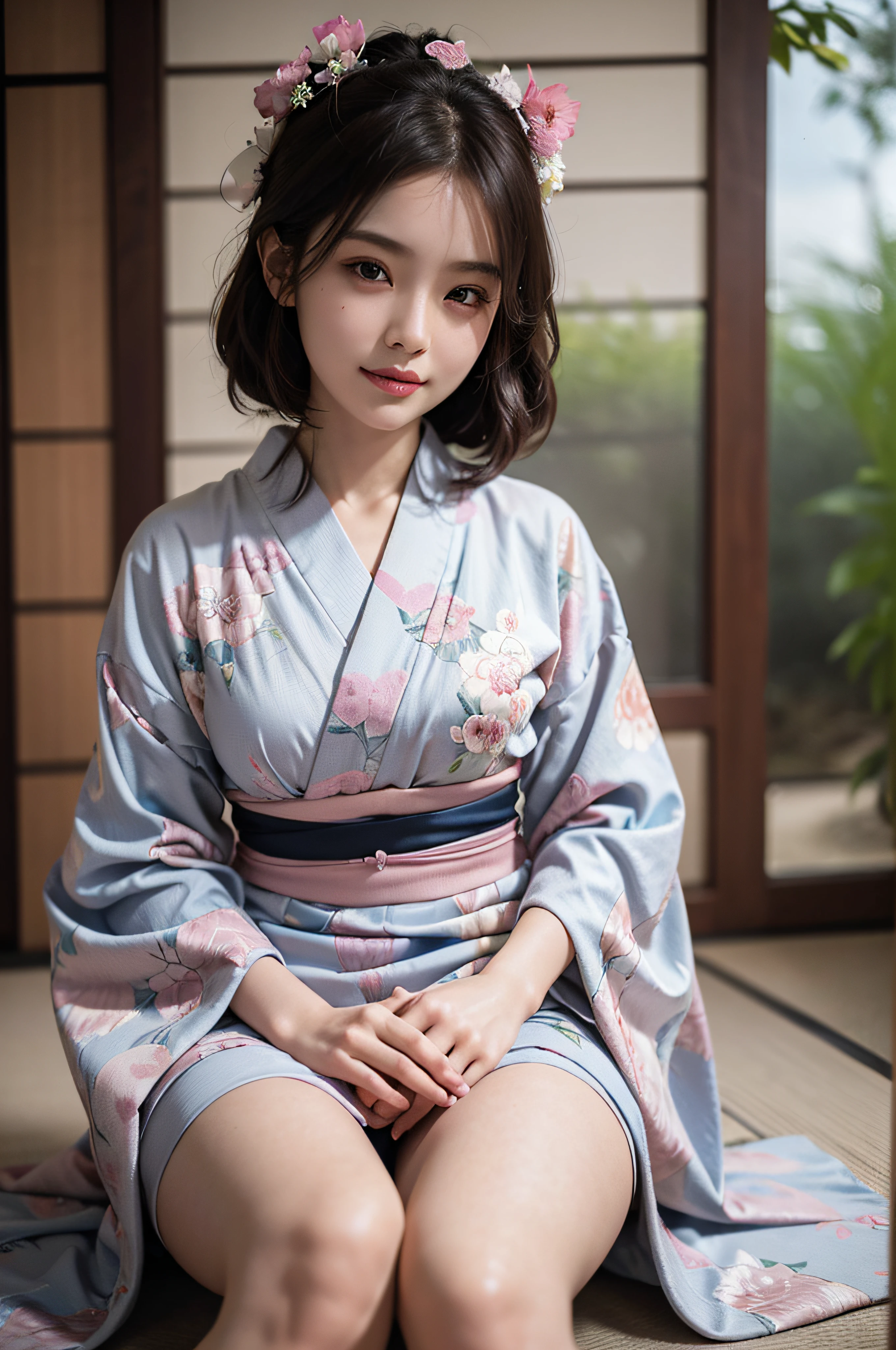 (Photorealsitic:1.4), (Top image quality:1.0), (超A high resolution:1.0), 8K, Raw photography, (masterpiece:0.2), (pureerosface_v1:0.5)、(Best Quality Detail:1.2)、realisitic、8K UHD、hight resolution、(1girl in:1.2)、The ultra-detailliert、High quality textures、intricate detailes、detaileds、Very detailed CG、High quality shadows、Detail Beautiful delicate face、Detail Beautiful delicate eyes、depth of fields、Ray traching,1girl in, japanaese girl, Cute, slender, Black kimono, Kimono with Japanese pattern,Floral scrunchie, Beautiful skin, Facing the front,Sit down, Sit upright and say thank you,Align your hands elegantly,Smile faintly The Land of Japan,Japanese garden,Luxury Japanese-style room, skyporn, Magic Hour, (Realistic:1.3), Finely detailed, quality, (masutepiece:1.2), (Photorealistic:1.2), (Best Quality), (Intricate details), Dramatic, Ray tracing, photograph, +Lola