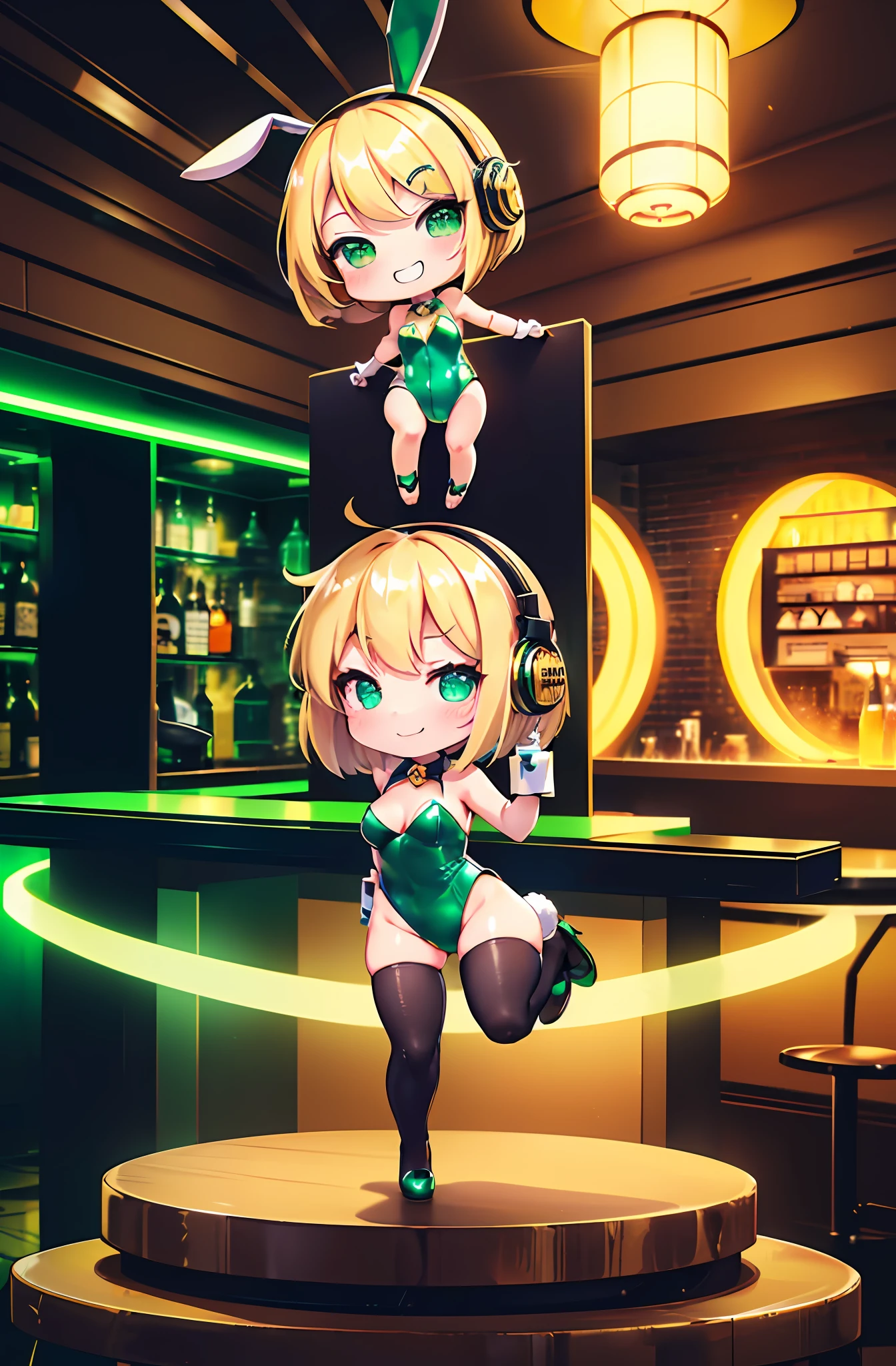 (Chibi:1.3), group_photo, (half closed eyes, green eyes), (detailed eyes), full body, indoors, on the table, Happy smile, (mechanical bunny girl: 1.1), (golden leotard), rabbit ears, rabbit tail, headphone, (blonde hair, bob cut), (cyberpunk), (bar), counter, wine, whiskey, bourbon, neon signboard, (Nendoroid),