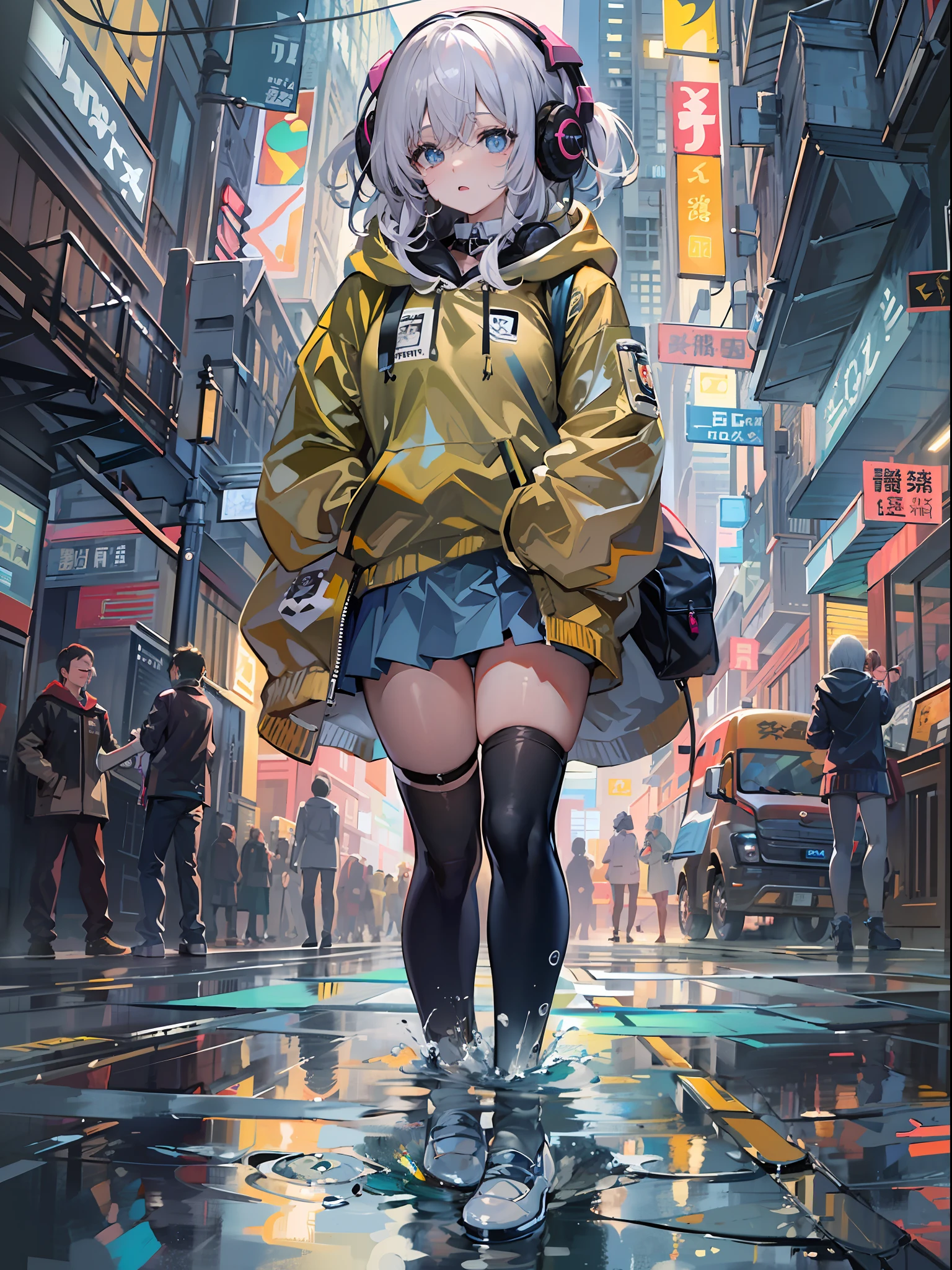 8K分辨率、((top-quality))、((​masterpiece))、((ultra-detailliert))、1 woman、独奏、incredibly absurdness、Oversized hoodies、headphones、Street、plein air、Sateen、neons、Shortcut Hair、Brightly colored eyes、Hands in pockets、a miniskirt、water dripping