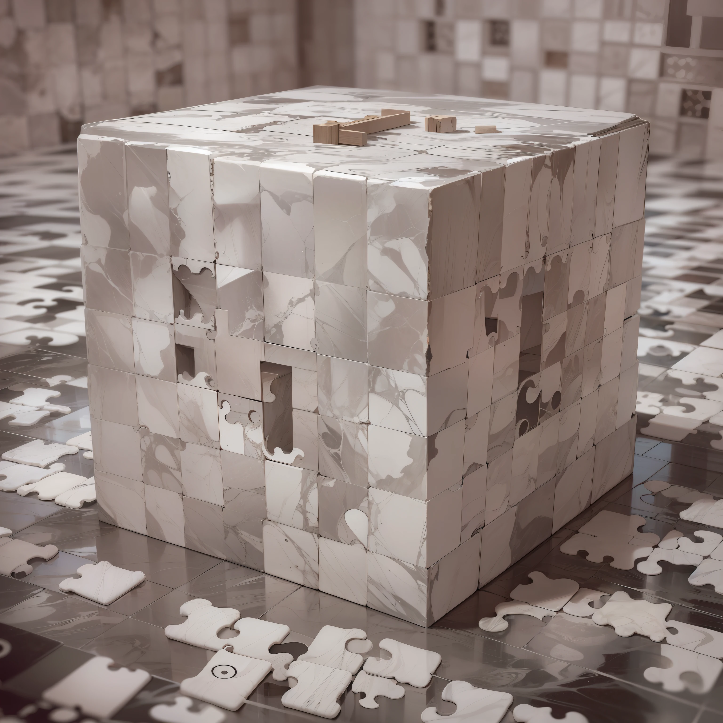 Marble box with puzzle drawings in the center of a void, quarto escuro, obra-prima, melhor qualidade, realista, fotorrealista, cinematic wonder, rosto detalhado, 8k, UHD, foco nítido