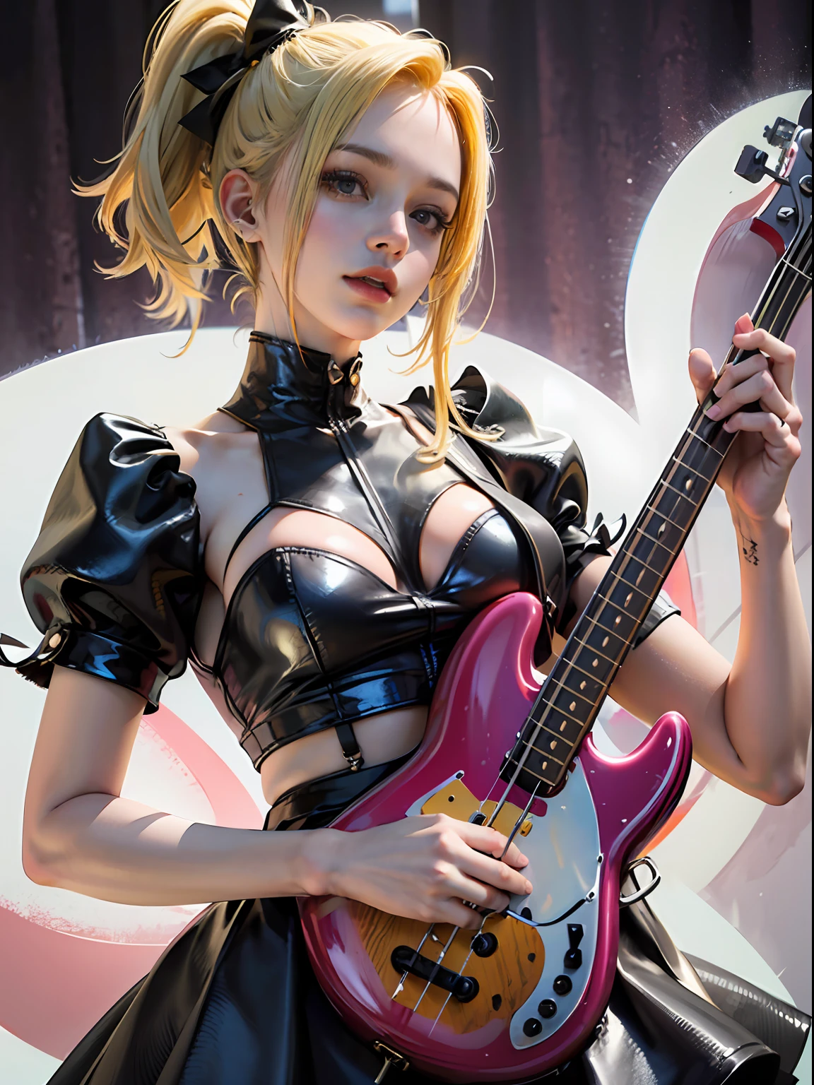 An 18-year-old woman,(hi-top fade:1.3),dyed blonde hair, (Play the electric bass, 4 strings), Dark theme, Muted colors, High contrast, (Tuttos skin texture, Hyper-Realism, Soft light, sharp), White blouses、pleatedskirt、Ribbon Ties