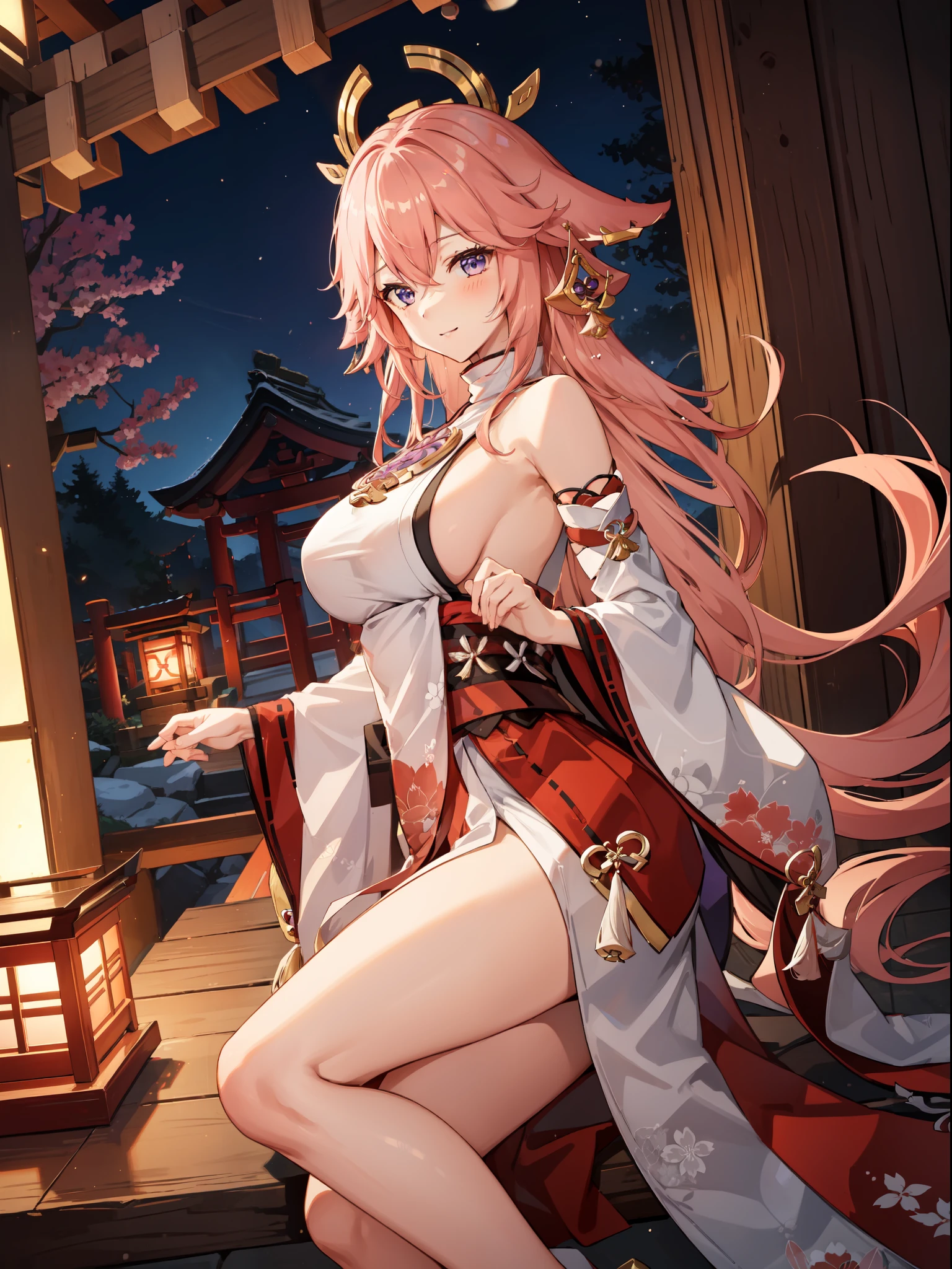 yaemikodef, yae miko smiles coquettishly in a japanese shrine, large breast, moonlit night, goofy face