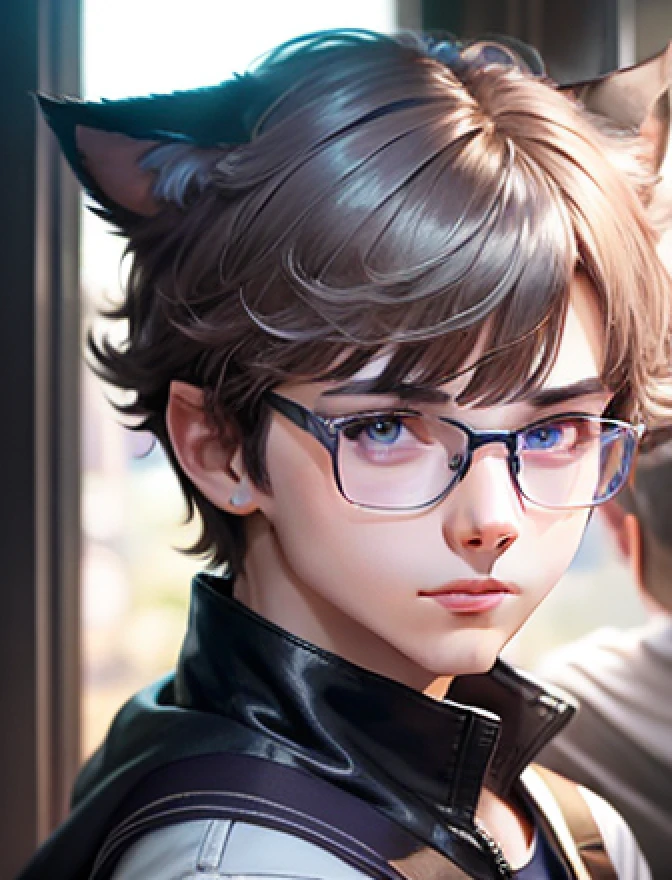 Boy student，brunette color hair，Purple eye，Silver-framed glasses，cat ear