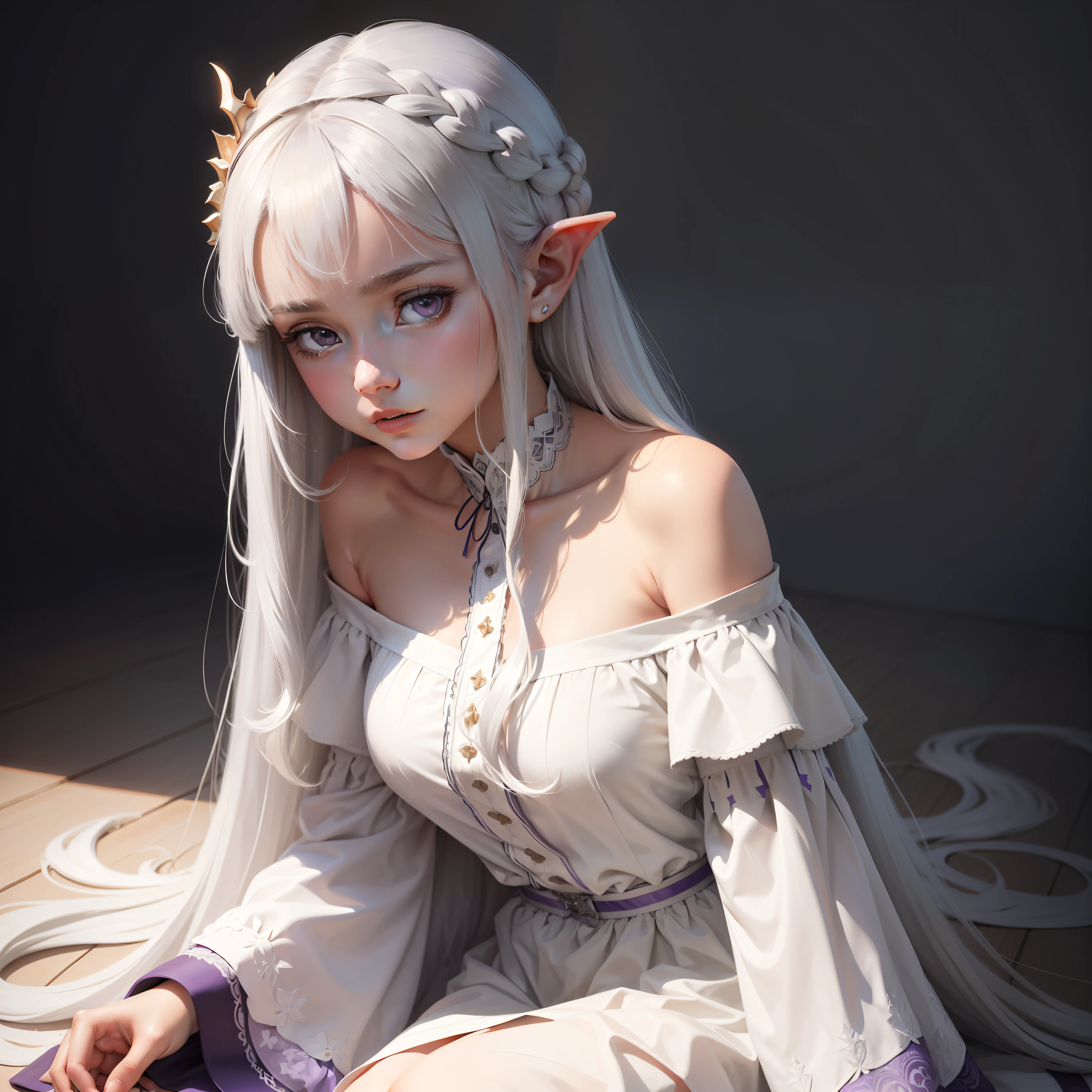 Best quality, highly detailed, masterpiece, ultra detailed, (reality: 1.2), 1 girl, (white background), simple background, delicate eyes, silver hair, purple eyes, hair_ornament, (white off-the-shoulder shirt: 1.3), long hair, pointy_ears, crown_braid, expressionless, straight hair, (++ sitting: 1.2), room,