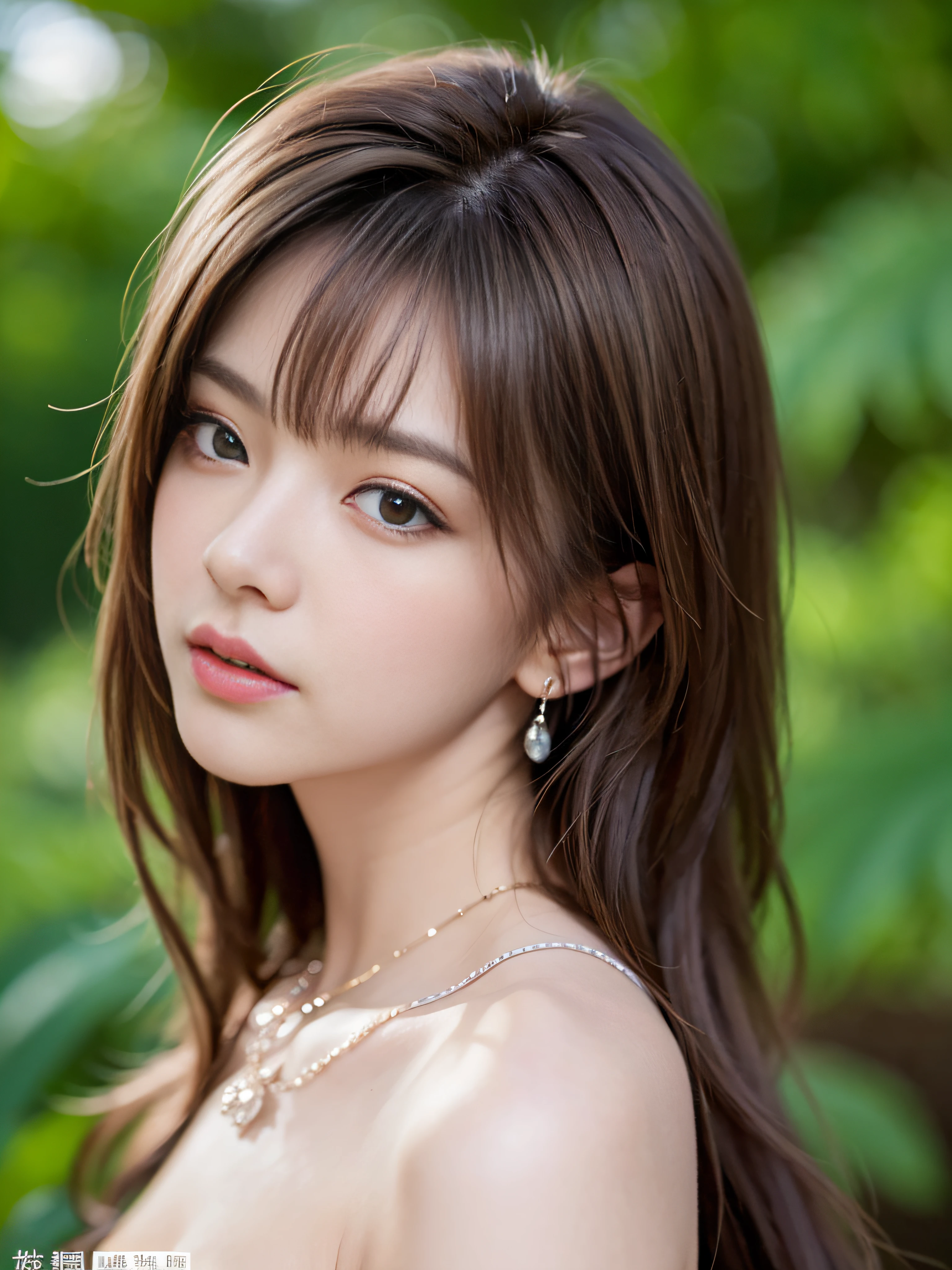((Realistic lighting、top-quality、8K、masterpiece:1.3))、Clear focus:1.2、nsfw:1.2,(nudde:1.2)、((realisitic)) , ((Real Light、top-quality))、Model body type:1.4、(dark brown hair、tits out:1.2)、length hair、Tropical Forest、(25-years old:1.3)、hyperdetailed face、A detailed eye、二重まぶた、a necklace、Bracelet、Hair over one eye、high-heels、eye line、