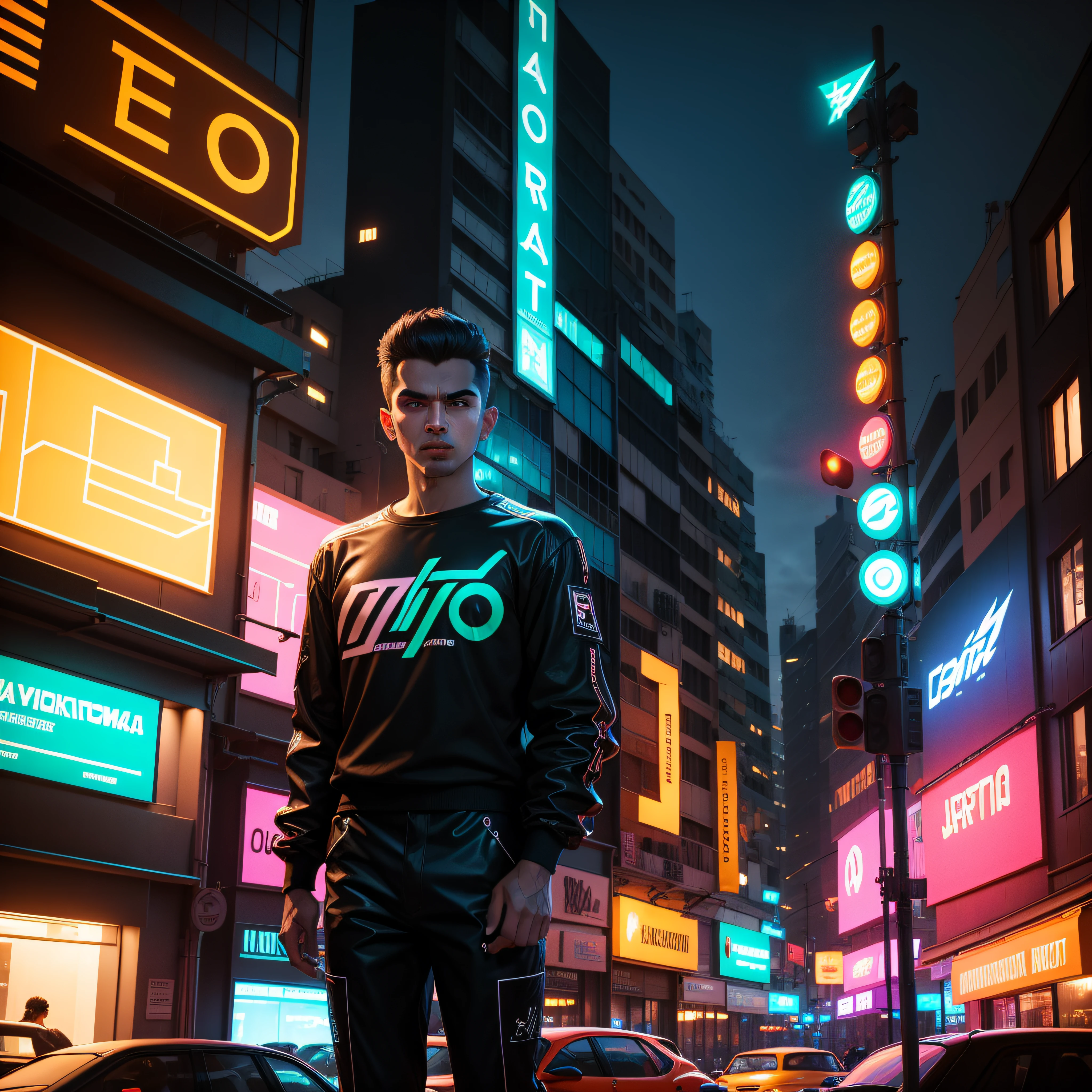 Homem ciborgue futurista, CIDADE FUTURISTA, Noite, Carros perfeitos em segundo plano,Perfect cars without deformation, Building, Orange neon lights, black neon lights, detalhes laranja nas roupas, brilha em forma de seta laranja para cima, looking at the camera,8k, alta qualidade, neon up arrow signs on buildings, design de camisetas, estilo cartoon
