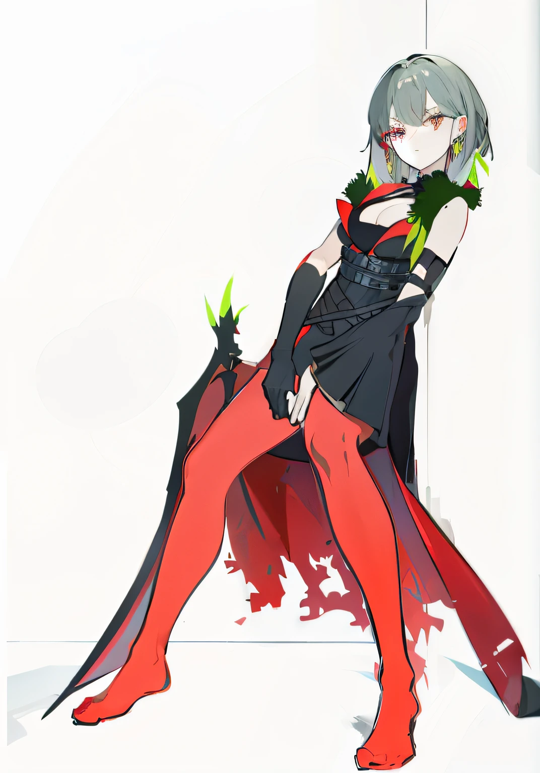 Red stockings,glove on right hand,Left hand flower sleeve,black color dress,Black corset,cleavage,green earrings,white hair and gray eyes,messy shortt hair,Plush shoulders,obi strip,Bondage belt,goth style,Red skirt,Red hood,Sit Pose,one-girl