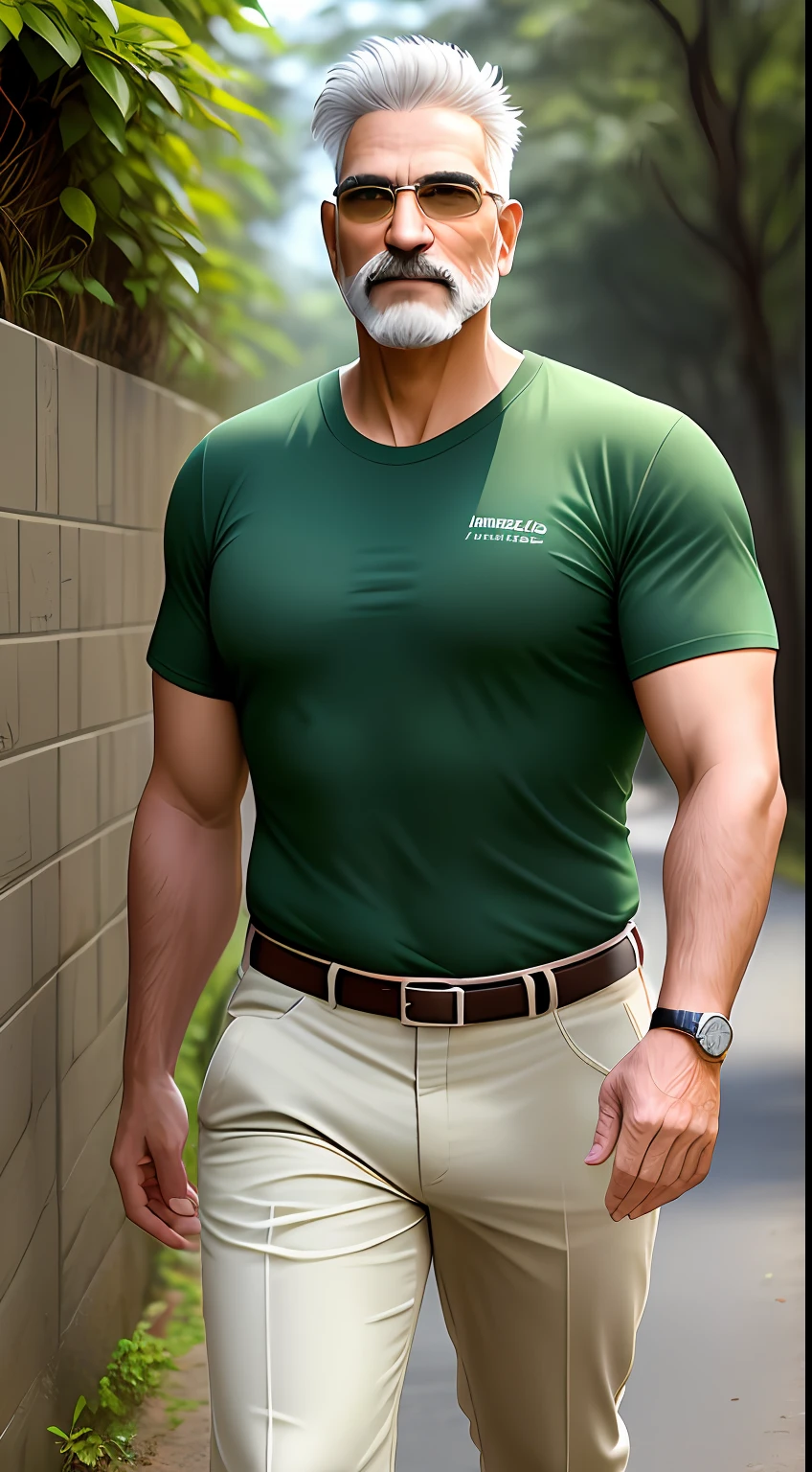 Homem, de 55 anos , cabelos pretos, lisos, levemente grisalhos, estilo amazonico, midle body, non-muscular, camisa verde oliva, written on the CAPELÃO shirt, beige pants, estilo usada por militares, sem barba, caminhando por uma trilha em meio a floresta