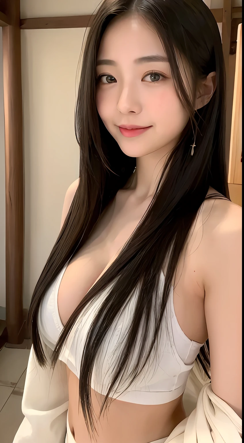 ((top-quality、8k、masterpiece:1.3))、Beautiful Japan person、Beautiful woman with accentuated slim abs:1.3、(Casual Hairstyles、huge tit:1.2)、Miko clothes:1.2、interiors、Super Detail Face、Delicat eyes、二重まぶた、soft breasts、a smile、Exposed cleavage、de pele branca、Shrine Torii、doa