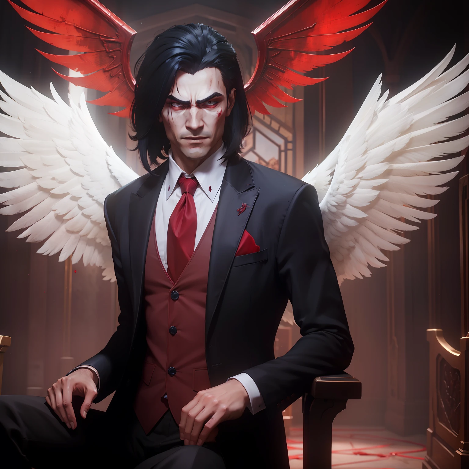 evil-eyed angel wearing a suit with a red tie, church, blood on his hands, white wings, evil aura, "a veiled look of malice", which tries to hide a sinister intention, but with difficulty. The person has piercing eyes and a fake smile that betray their true feelings. Despite the disguise, malice is felt by others, causing discomfort and restlessness. People become alert and cautious in front of this person.