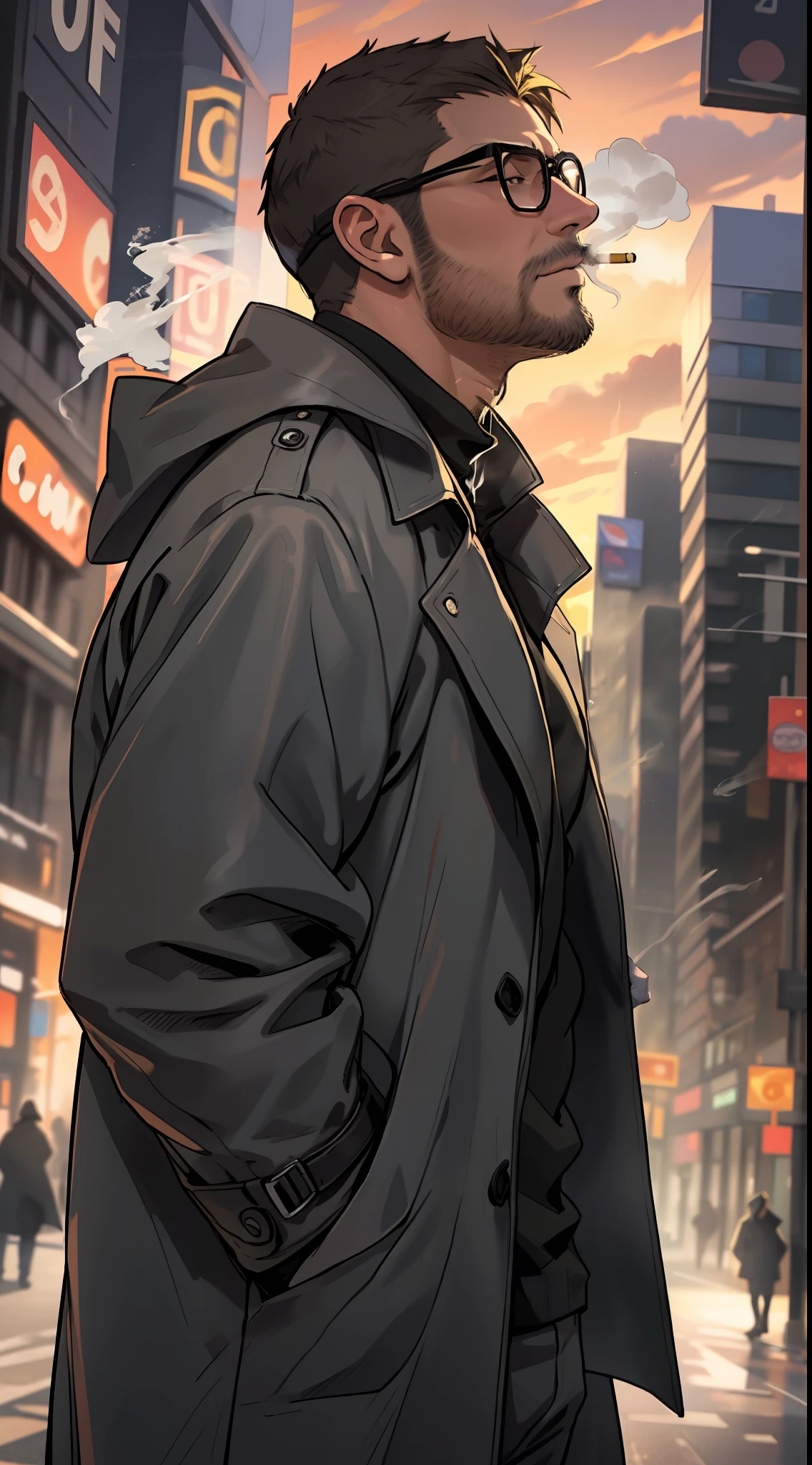 masterpiece, best quality, highres, upper body shot, ((wide angle)), zoom out, middle-aged man, macho, daddy, beefy, burly, hairy, manly, really tall, wearing a smooth silk black trench coat, grey shirt, wearing glasses, standing in the middle of a New York's crossroad, sanding in the center of the shot, smoking a cigarette, blowing smoke out from the mouth, looking up to the sky, hands in the pockets, (sunset), afternoon, golden hour, golden sky color, dark buildings in the background, incredible composition, HDR, volumetric lighting, seen from the side, aesthetic