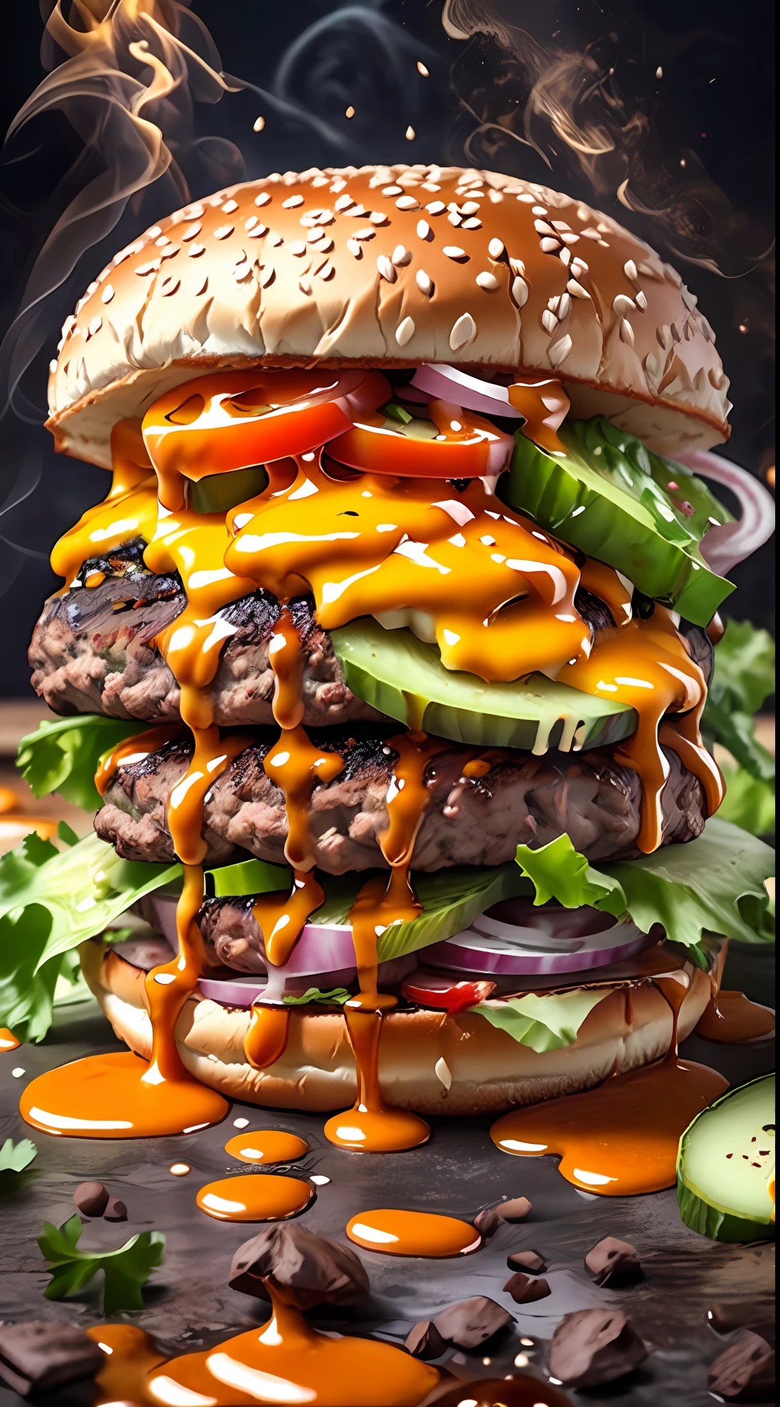 Obra maestra, Professional photography of a juicy and delicious charcoal burger with handmade black bread, delicioso, exotico, extravagante, creativo, detallado, realista, luz natural fotografia de producto, resolucion epica, calidad epica, nitidez epica, excelente contraste foto perfecta, instafood, burger photo, hell background flames, fire, epic realistic,