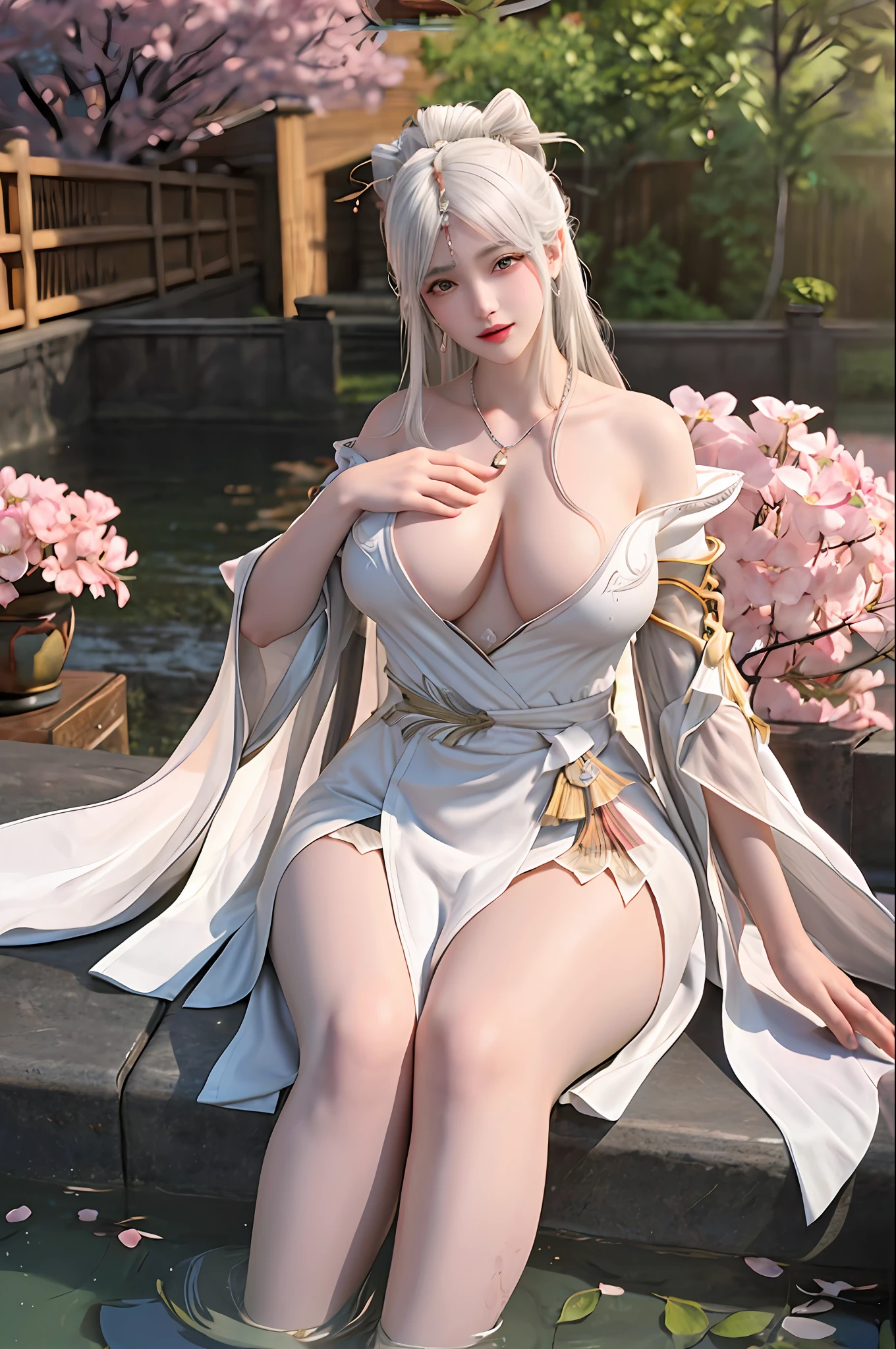 delicated best quality ,masterpiece, illustration, an extremely delicate and beautiful, extremely detailed ,CG ,unity ,8k wallpaper, Amazing, finely detail, masterpiece,best quality,official art,extremely detailed CG unity 8k wallpaper, absurdres, incredibly absurdres, huge filesize , ultra-detailed, highres, extremely detailed,beautiful detailed girl, extremely detailed eyes and face, beautiful detailed eyes,light on face,1girl, (ningguang\genshin impact), (Super realistic), (((White hair))), Long hair, (black eyes), ((jewelry)), (((describe the arm in detail))), (((Super boobs))), ((Big ass)), ((thighs)), big Long legs, ((stockings)), ((Plump body)), (Big breasts), ((Plump boobs)),, (detailed description of hair), (ruby necklace), (gem earrings),
(Bare shoulder), ((collarbone)), ((off shoulder)), (Shiny skin), (detailed description of face), (detailed description of body), (white and translucent skin), peerless beauty, (extreme beauty), (red lips), (shy ), ( smile), ((cherry blossom)), (falling petal), ((bathrobe)), ((long sleeves)), ((wide sleeves)), thin silk, penetration, (Japanese hot spring), ((facing the viewer)), ((facing)), ((any pose)), (((soaked))), ((sit and soak in the water)), ((There is a lot of water on the body))