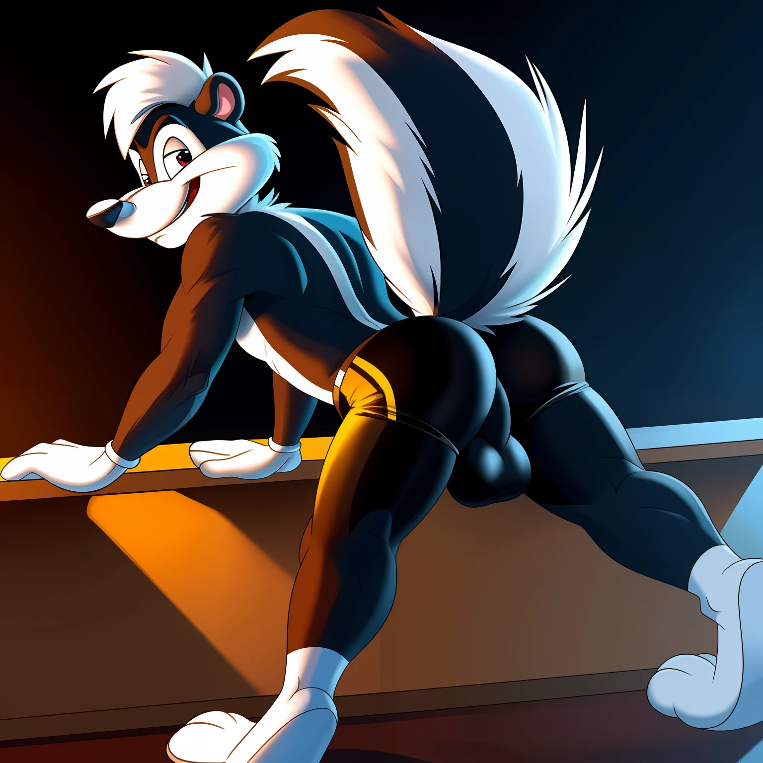 (Pepe le pew), male, solo, anthro, detailed lighting, skunk, from behind, butt, balls, tight shorts, (Looney tunes), (bending over barrier)