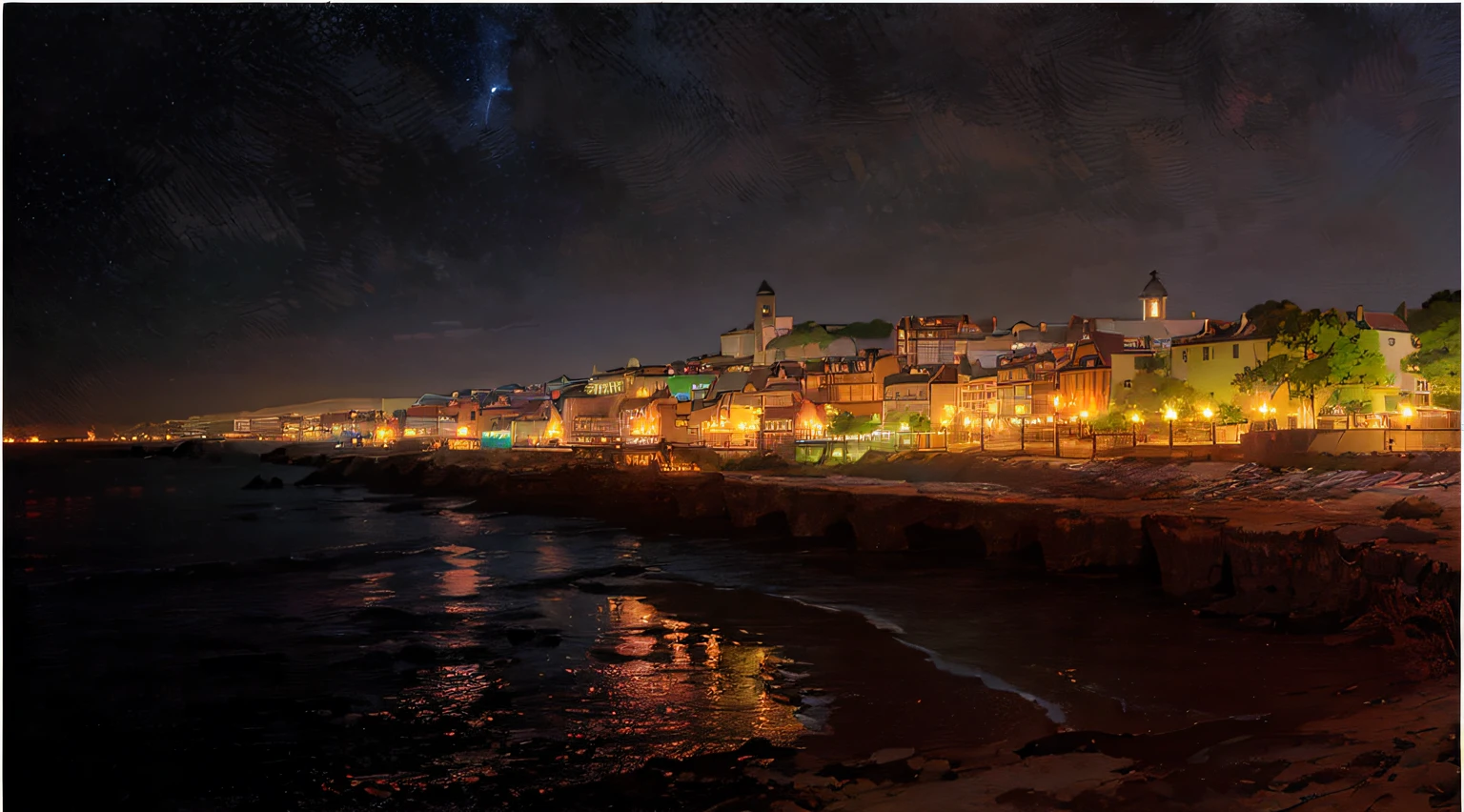 (anime) of a captivating coastal town, blue town, blue lights, bathed in the enchanting glow of the starry night sky, featuring (exquisite attention to detail) and an awe-inspiring panoramic vista, nighttime view of a beach with a city in the background, night time photography