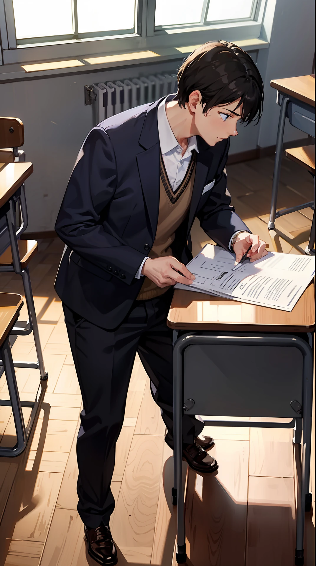 ‎Classroom，A mature middle-aged male，standing on your feet，The expression was serious，Exam paper in hand