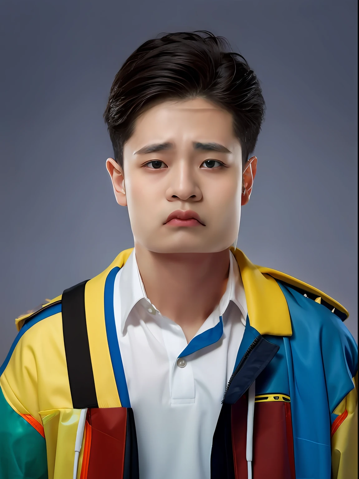 16-year-old male student，Yellow-blue colored school uniform，the detail，hyper HD，Ruddy skin，Short colored hair，orthofacial，With stud earrings，The facial features are correct and clear，ssmile，Real Human，Realistis，hyper HD