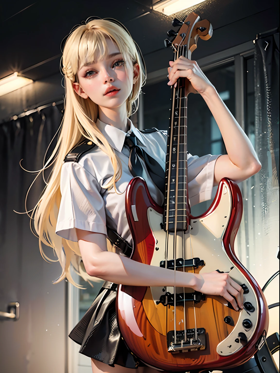 An 18-year-old woman,(hi-top fade:1.3),dyed blonde hair, (Play the electric bass, 4 strings), Dark theme, Muted colors, High contrast, (Tuttos skin texture, Hyper-Realism, Soft light, sharp), White blouses、pleatedskirt、Ribbon Ties