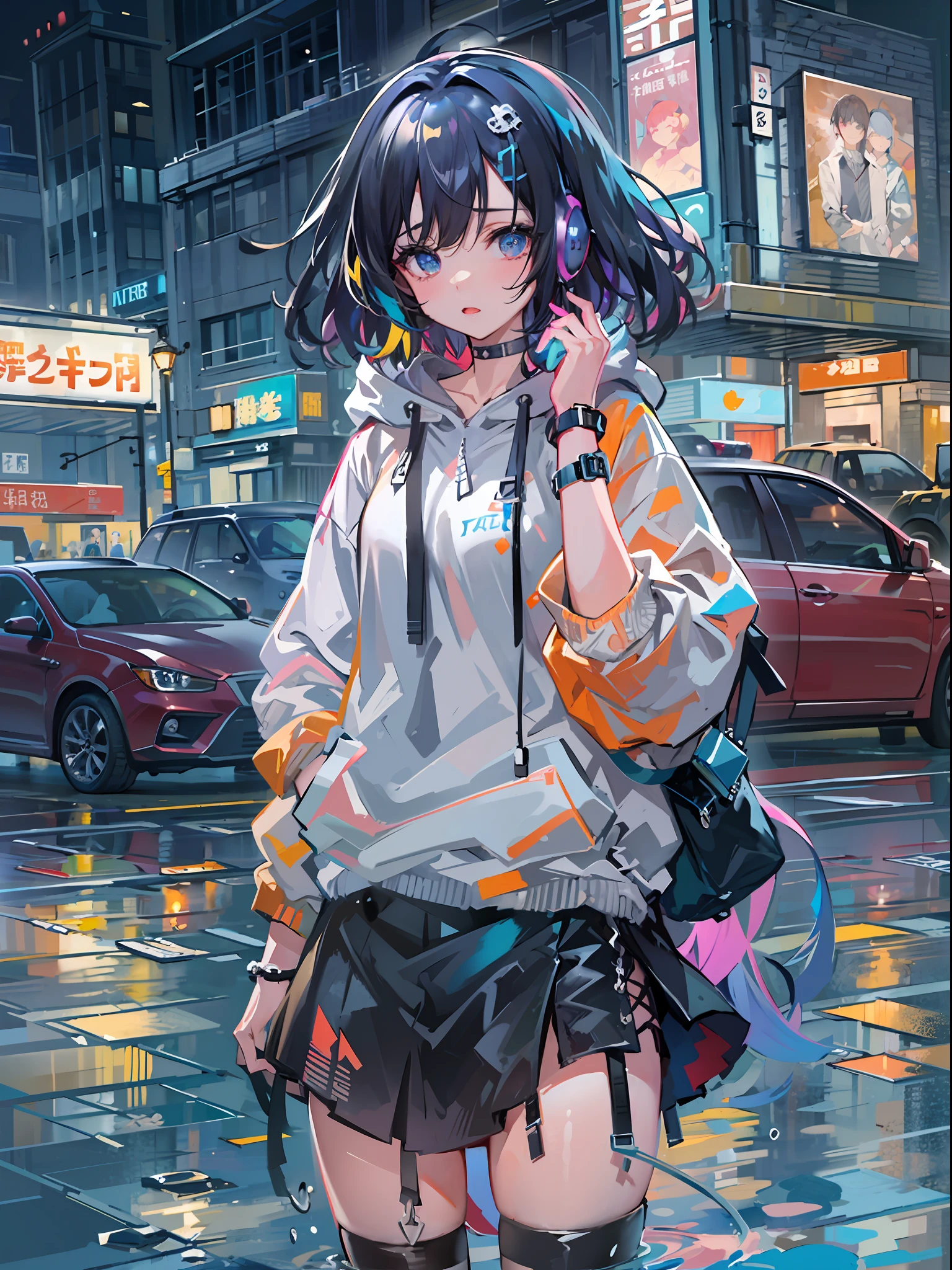 8K分辨率、((top-quality))、((​masterpiece))、((ultra-detailliert))、1 woman、独奏、incredibly absurdness、Oversized hoodies、headphones、Street、plein air、Sateen、neons、Shortcut Hair、Brightly colored eyes、Hands in pockets、a miniskirt、water dripping