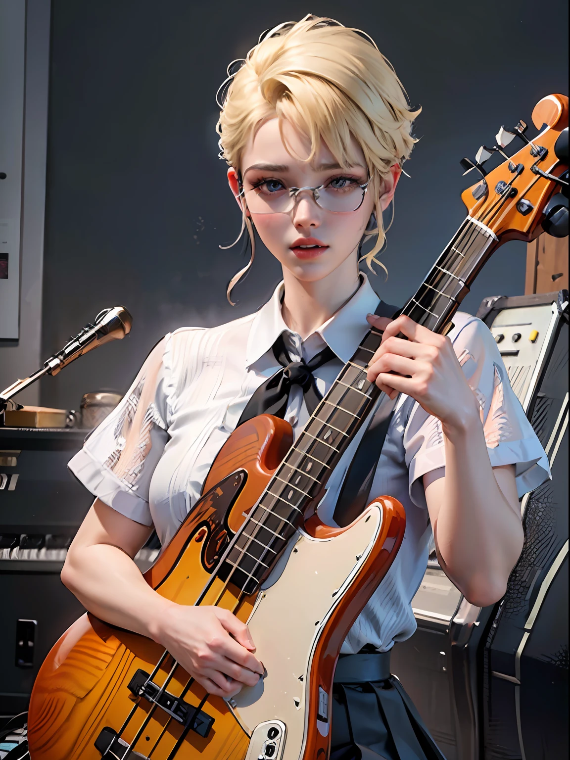 An 18-year-old woman,dyed blonde hair, Hair Ribbon、(Play the electric bass, 4 strings), Dark theme, Muted colors, High contrast, (Detailed skin texture, Hyper-Realism, Soft light, sharp), Blouse、Ribbon Ties、pleatedskirt、Raw feet