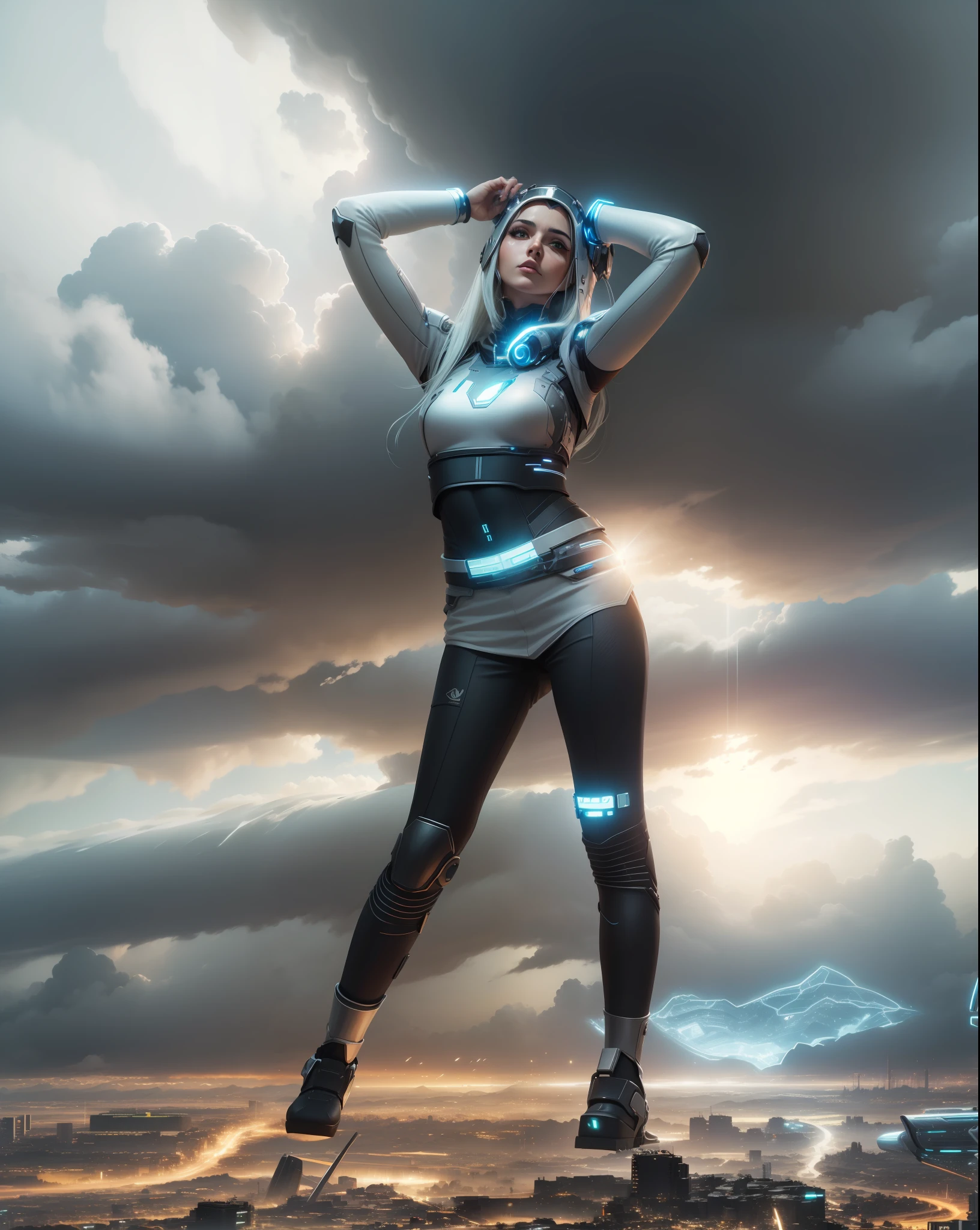 Garota loira com armadura cybernetica cidade futurista