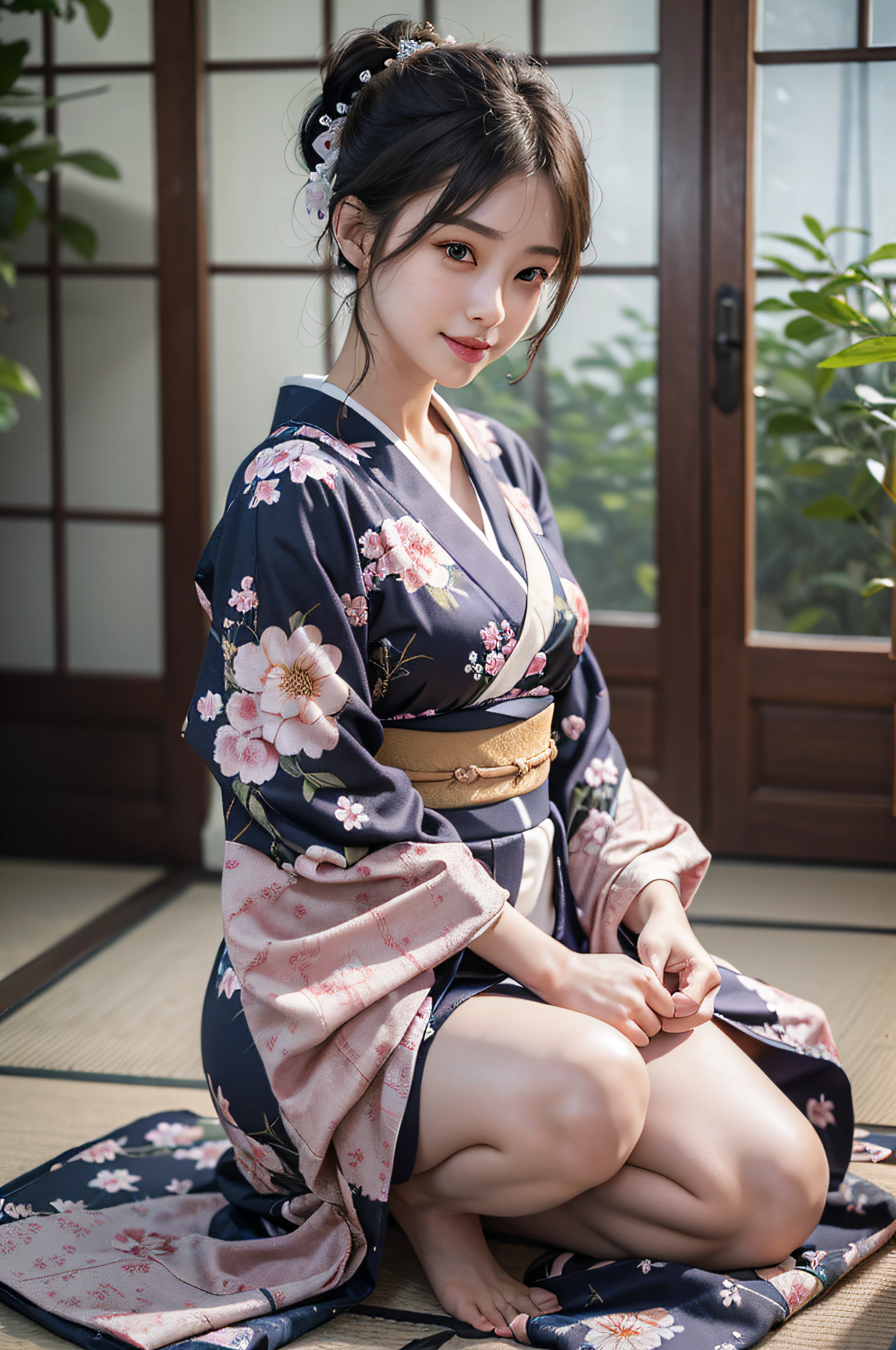 (Photorealsitic:1.4), (Top image quality:1.0), (超A high resolution:1.0), 8K, Raw photography, (masterpiece:0.2), (pureerosface_v1:0.5)、(Best Quality Detail:1.2)、realisitic、8K UHD、hight resolution、(1girl in:1.2)、The ultra-detailliert、High quality textures、intricate detailes、detaileds、Very detailed CG、High quality shadows、Detail Beautiful delicate face、Detail Beautiful delicate eyes、depth of fields、Ray traching,1girl in, japanaese girl, Cute, slender, Black kimono, Kimono with Japanese pattern,Floral scrunchie, Beautiful skin, Facing the front,Sit down, Sit upright and say thank you,Align your hands elegantly,Smile faintly The Land of Japan,Japanese garden,Luxury Japanese-style room, skyporn, Magic Hour, (Realistic:1.3), Finely detailed, quality, (masutepiece:1.2), (Photorealistic:1.2), (Best Quality), (Intricate details), Dramatic, Ray tracing, photograph, +Lola