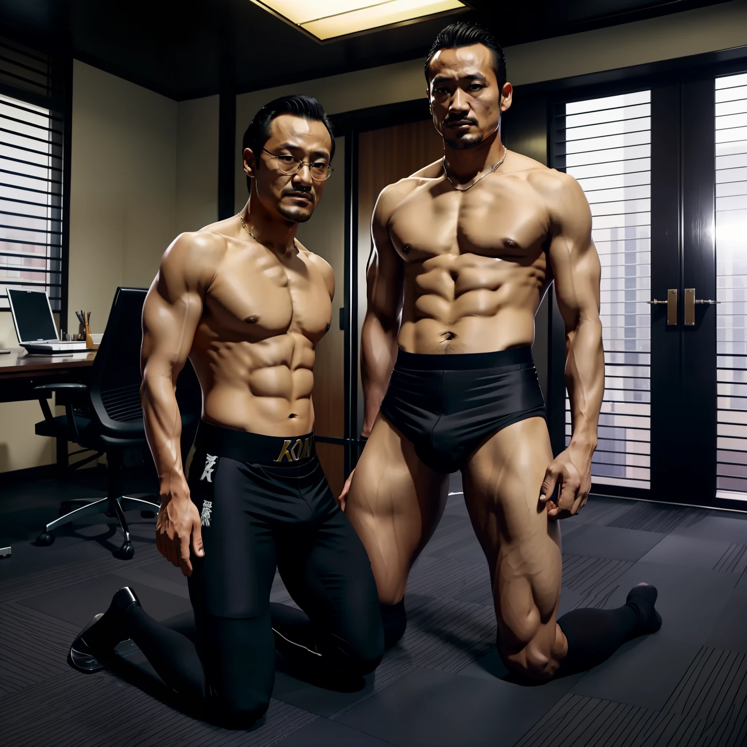 Hidetoshi Nakata,(Kogoro Mouri 1.3),Shirtless,Tong,Bulge,office room,black long socks,Thin,musculature,lbeard,fortitude,artwork of a,tmasterpiece,k hd,Tong,two guys,kneeling down