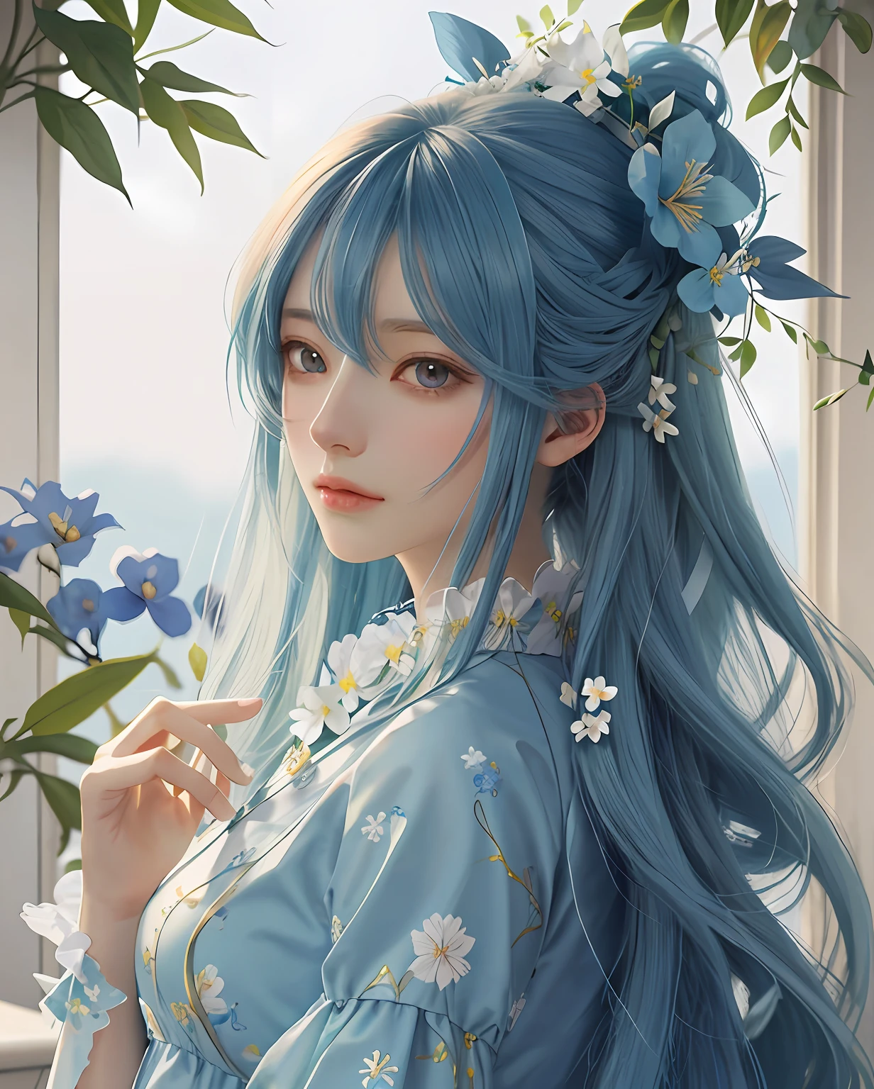 Anime girl with long hair and blue flowers on her hair, a beautiful anime portrait, Beautiful anime girl, Anime girl with long hair, Beautiful anime style, Beautiful anime