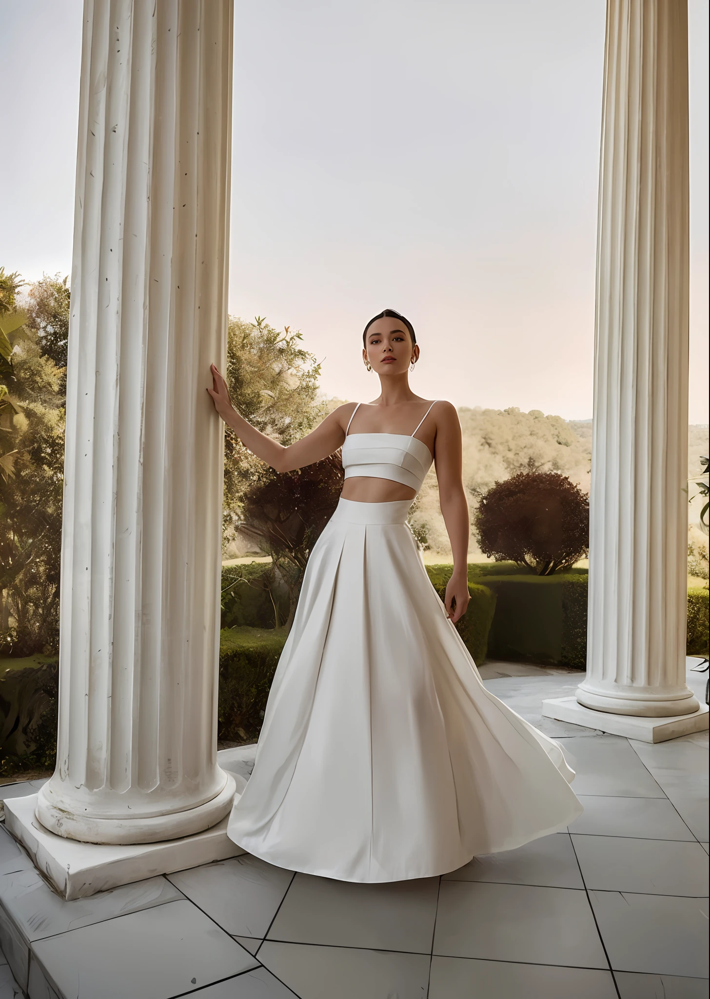 Arafed woman in a white dress standing in front of a column, deslumbrante elegante, Foto da revista Vogue, vestido branco, perfeitamente equilibrado, Margot Robbie como uma deusa grega, bonito e elegante, estilo elegante, Olivia de Bernardinis, stunning arcanum backdrop, pose elegante e deslumbrante, lindo vestido branco longo longo, Bella Hadid, vestido branco longo, roupa branca