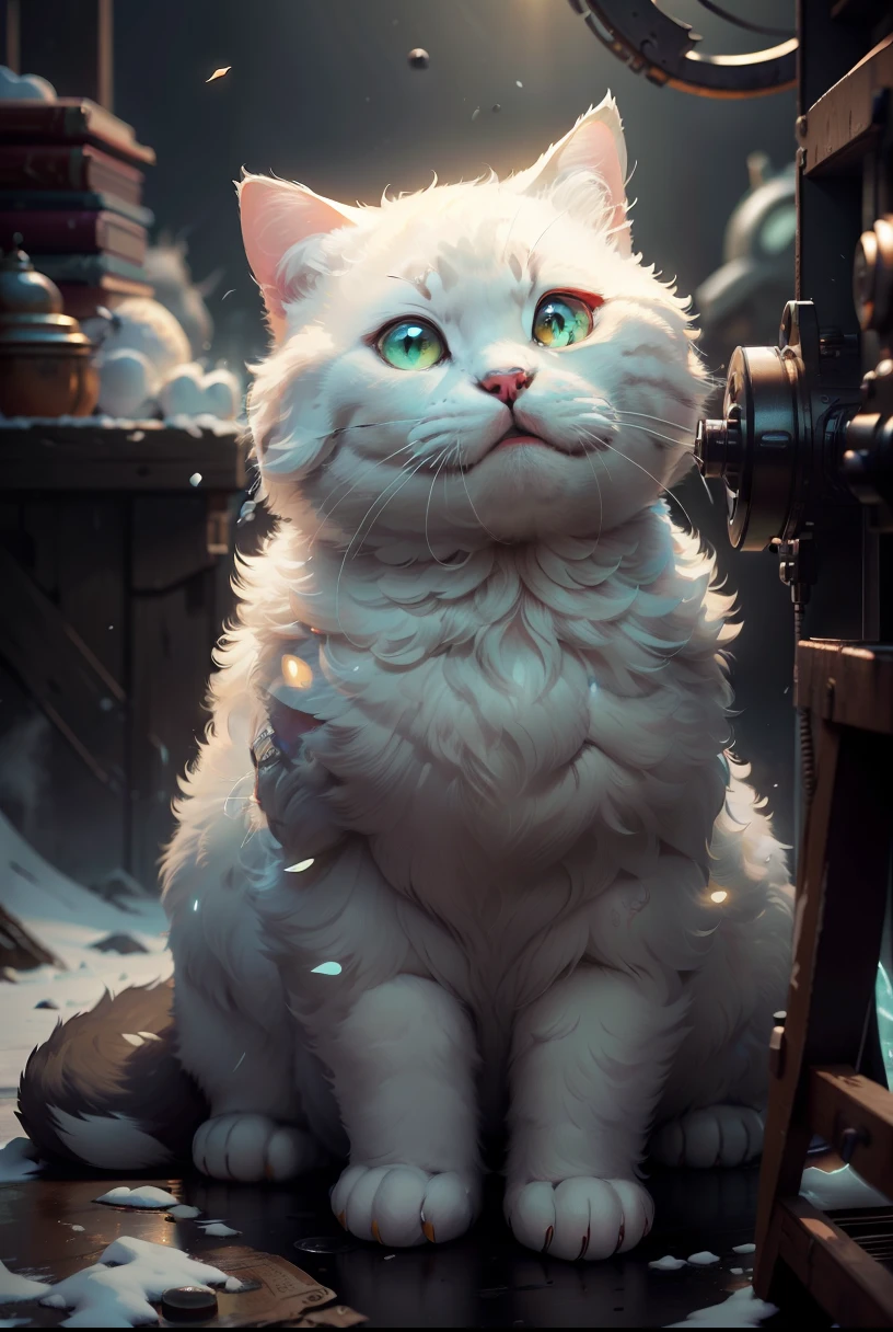 A cute chubby cat god in white gray and light yellow, with light and bright fur, Bright dark green pupils,close-up, Steampunk personification, Artstation illustrator, complicated details, sunny atmosphere, fresh, bright and warm light, face, full body portrait, dim light, illustration, ultra-high definition, 4K surreal, warm, cute, highly detailed, clear focus, professional, 8k ultra-high definition, film, drama, vivid, rendering, epic, dusk, HDR, album cover, Blizzard