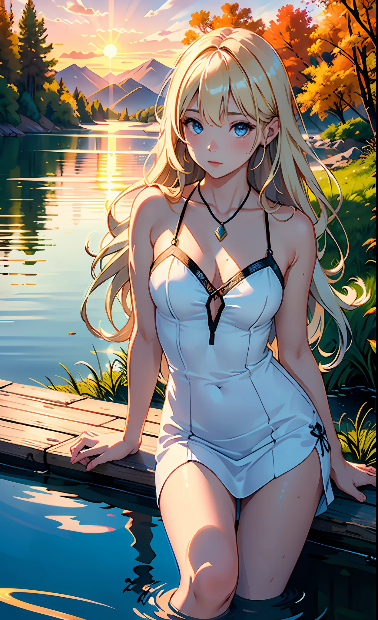 1 girl, serene expression, mesmerizing eyes, straight long hair, flowing dress, poised posture, porcelain skin, subtle blush, crystal pendant
BREAK
golden hour, (rim lighting):1.2, warm tones, sun flare, soft shadows, vibrant colors, painterly effect, dreamy atmosphere
BREAK
scenic lake, distant mountains, willow tree, calm water, reflection, sunlit clouds, peaceful ambiance, idyllic sunset, ultra detailed, official art, unity 8k wallpaper
, zentangle, mandala