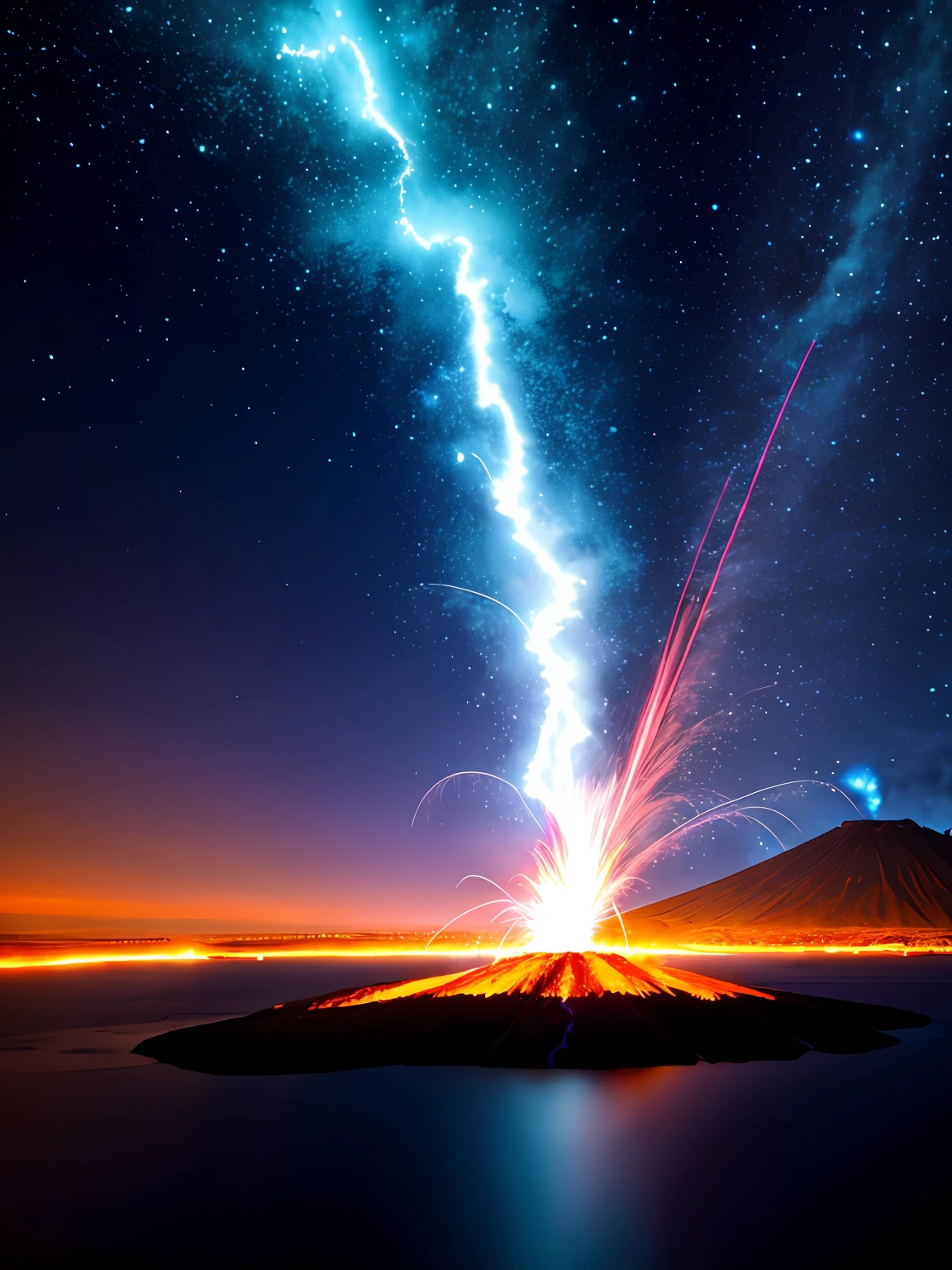 dramatic sky, blue lightning Style: masterpiece, best quality, 8k, sharp focus, realistic, ((Detailed)), ((Dynamic pose)), ((Good Highlights)), (Perfect Proportions), (dynamic), (intricate), (complimentary colors), good perspective, (Professional), (Award winning)
ADDCOMM
volcanic island background
Red flame, soft particles, explosion
BREAK
green flame, soft particles, explosion
BREAK
blue flame, soft particles, explosion
volcanic island background