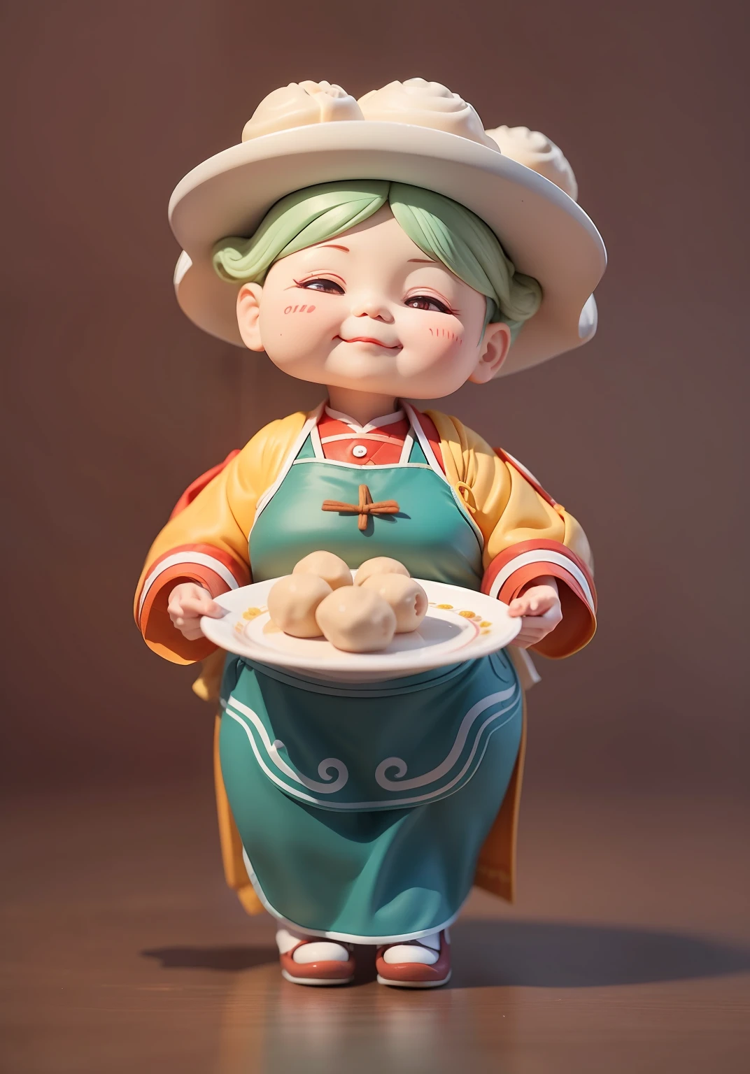 A grandmother carries a plate of dumplings,Around the apron,Blind box style,Friendly expressions